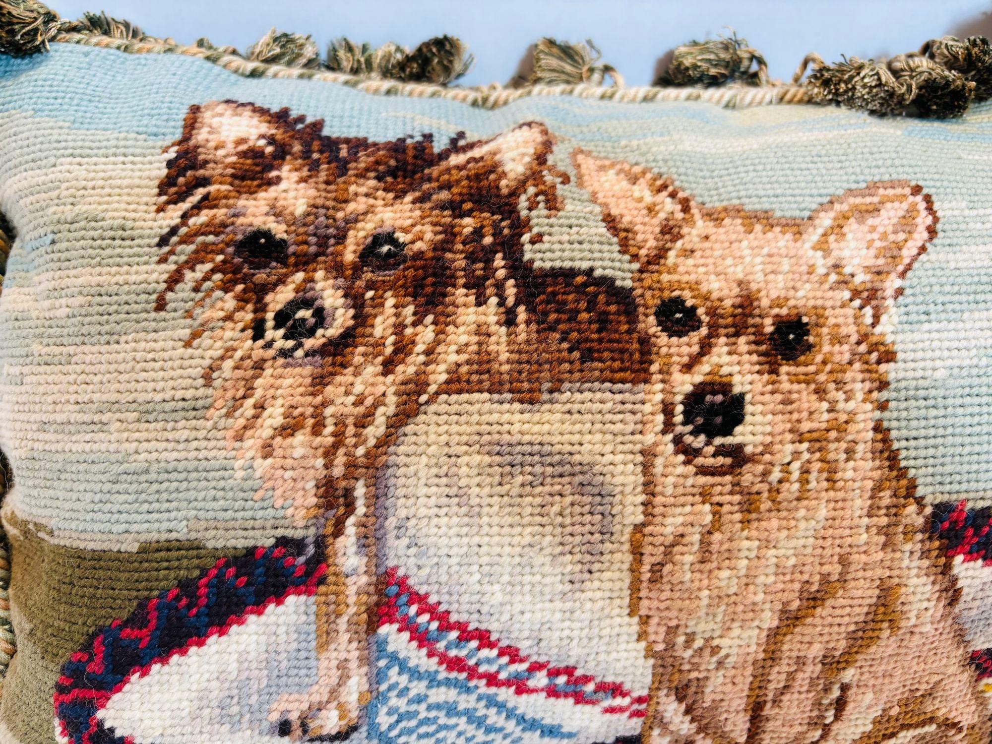 Hollywood Regency Vintage Throw Decorative Needlepoint Chihuahua Dogs Design Pillow For Sale