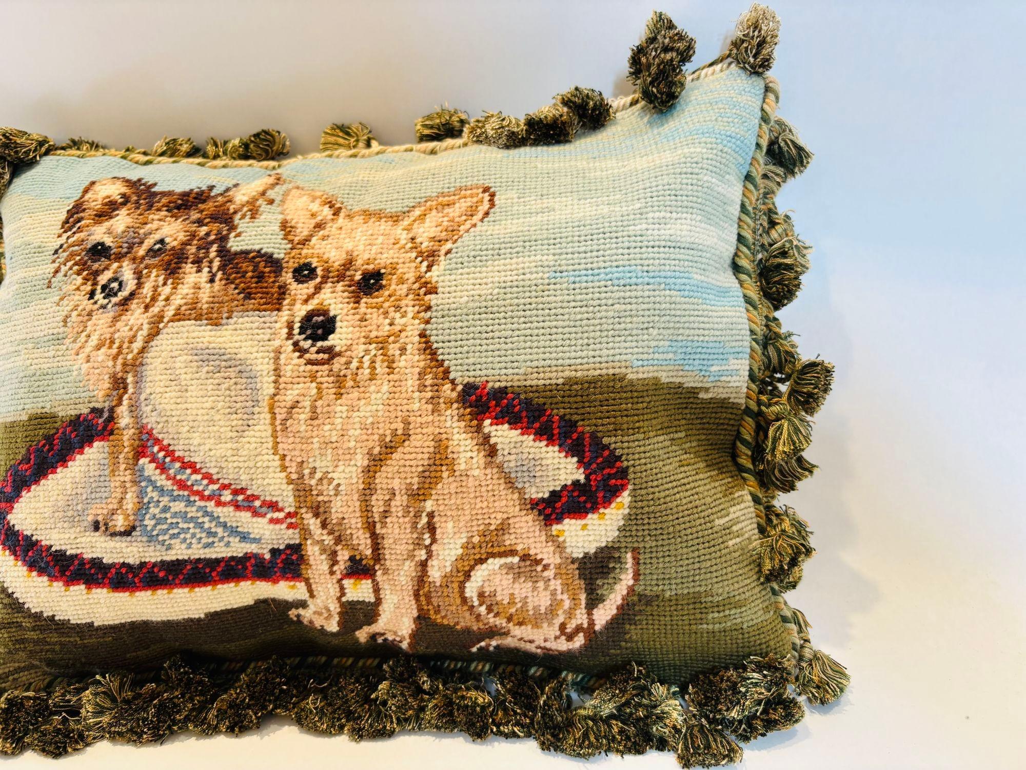 Vintage Throw Decorative Needlepoint Chihuahua Dogs Design Pillow In Good Condition For Sale In North Hollywood, CA