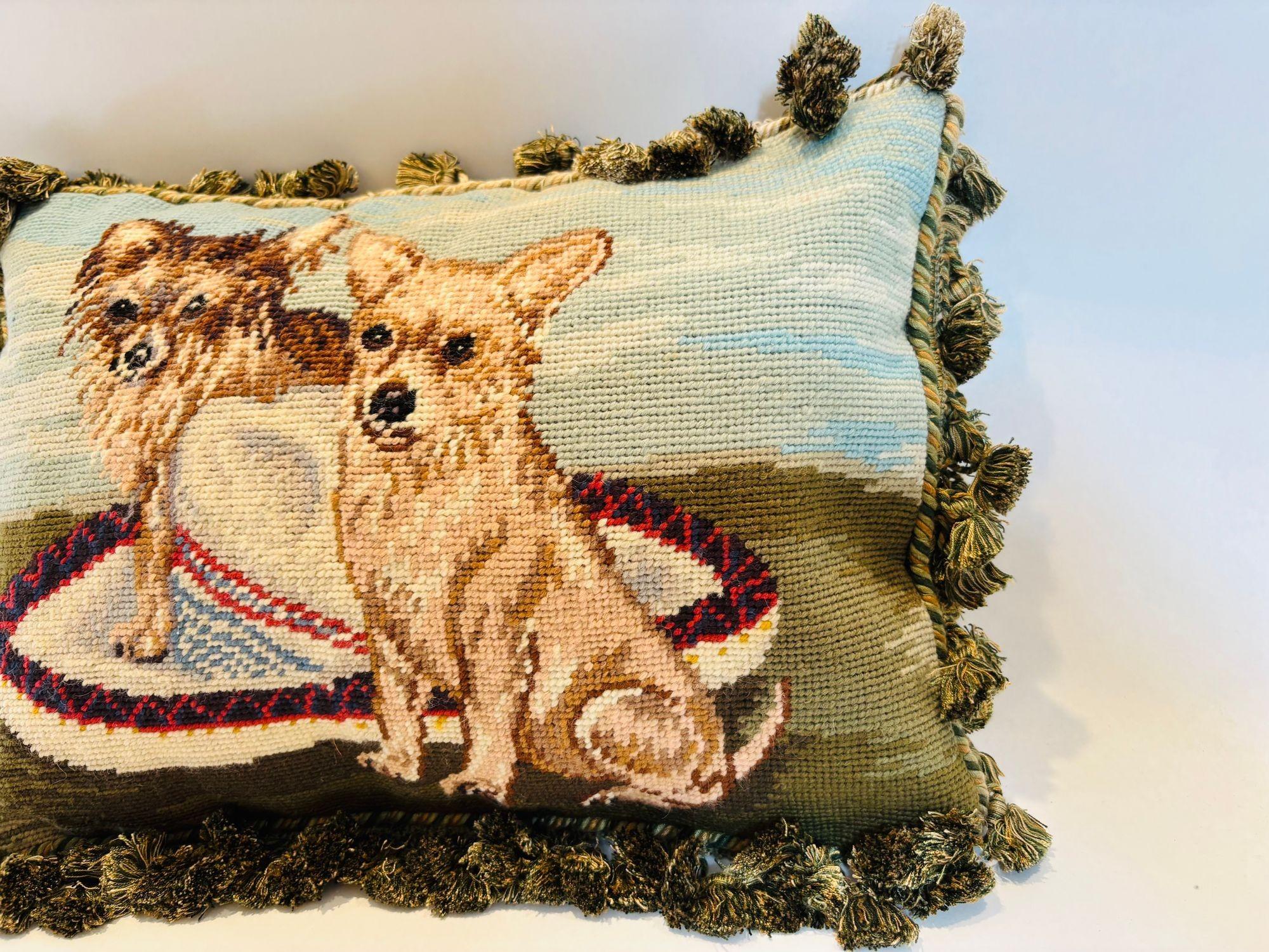 Vintage Throw Decorative Needlepoint Chihuahua Dogs Design Pillow In Excellent Condition For Sale In North Hollywood, CA