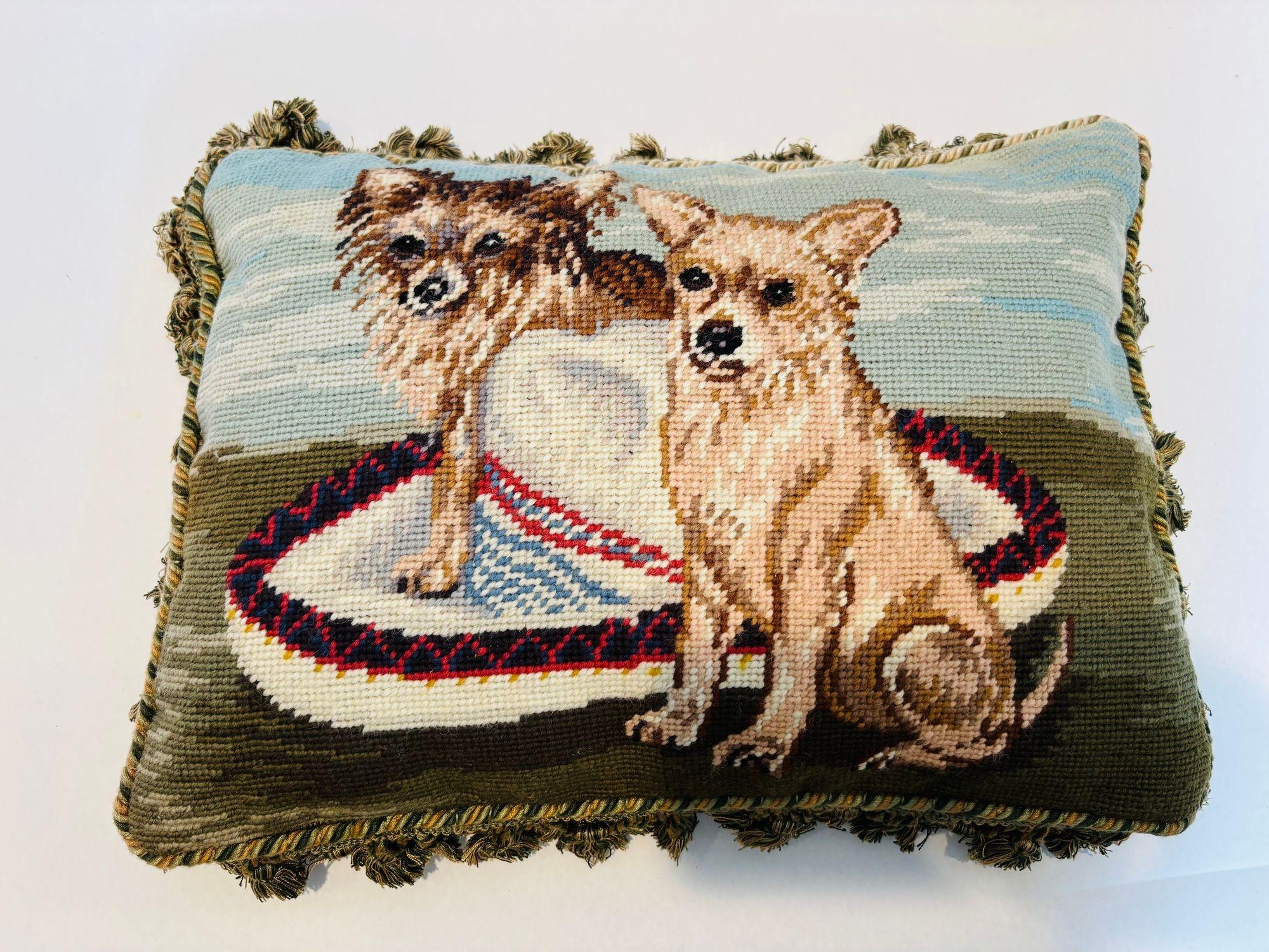 20th Century Vintage Throw Decorative Needlepoint Chihuahua Dogs Design Pillow For Sale
