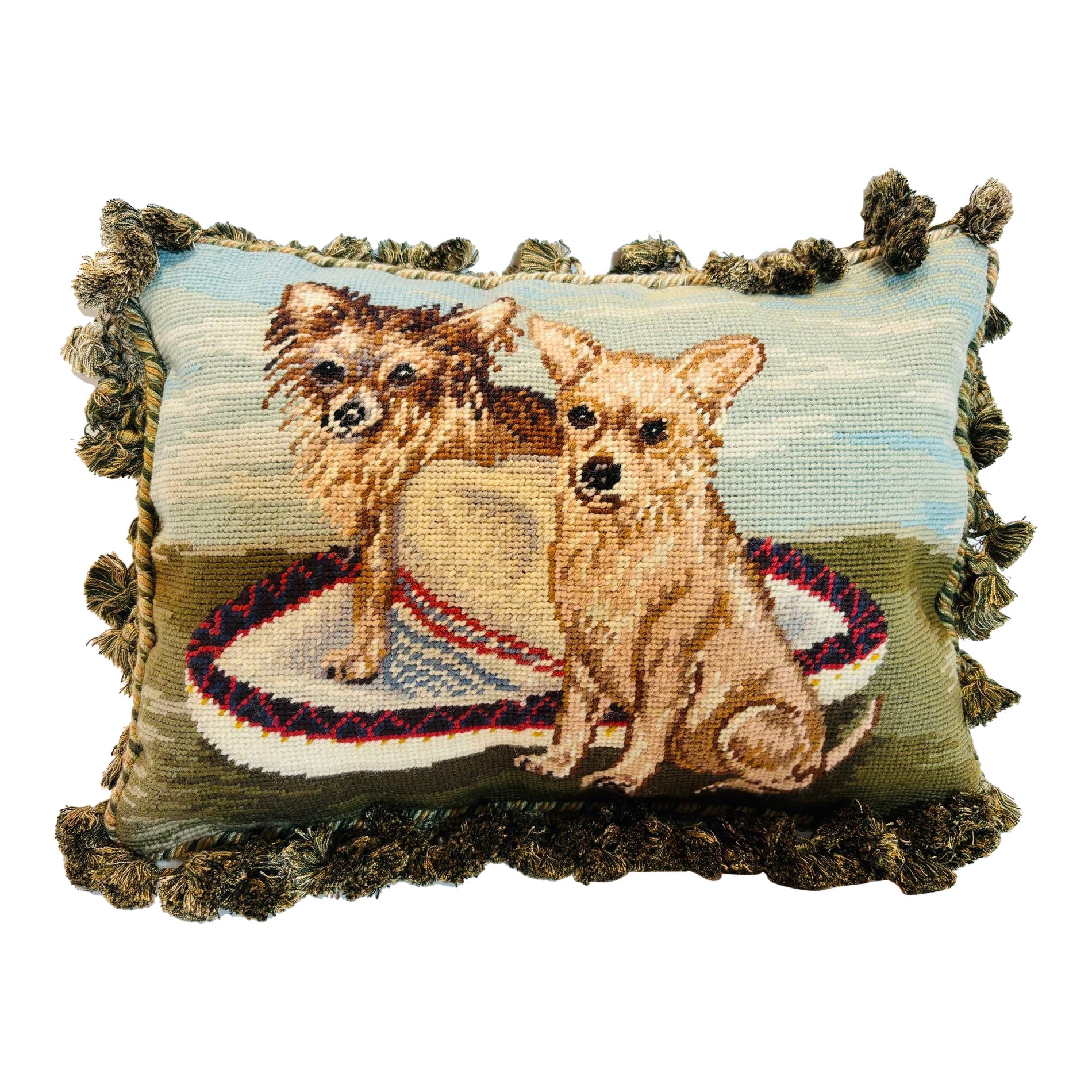 Vintage Throw Decorative Needlepoint Chihuahua Dogs Design Pillow
