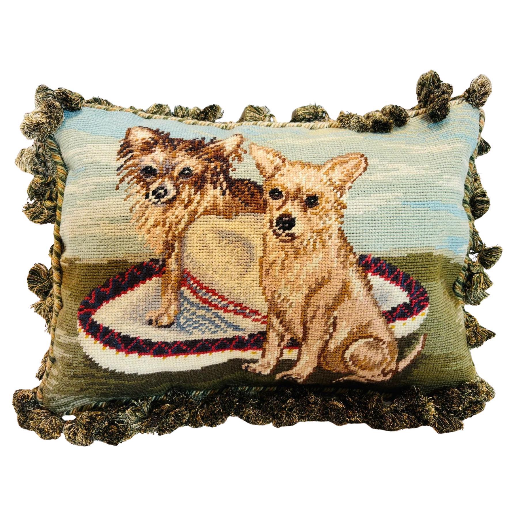 Vintage Throw Decorative Needlepoint Chihuahua Dogs Design Pillow