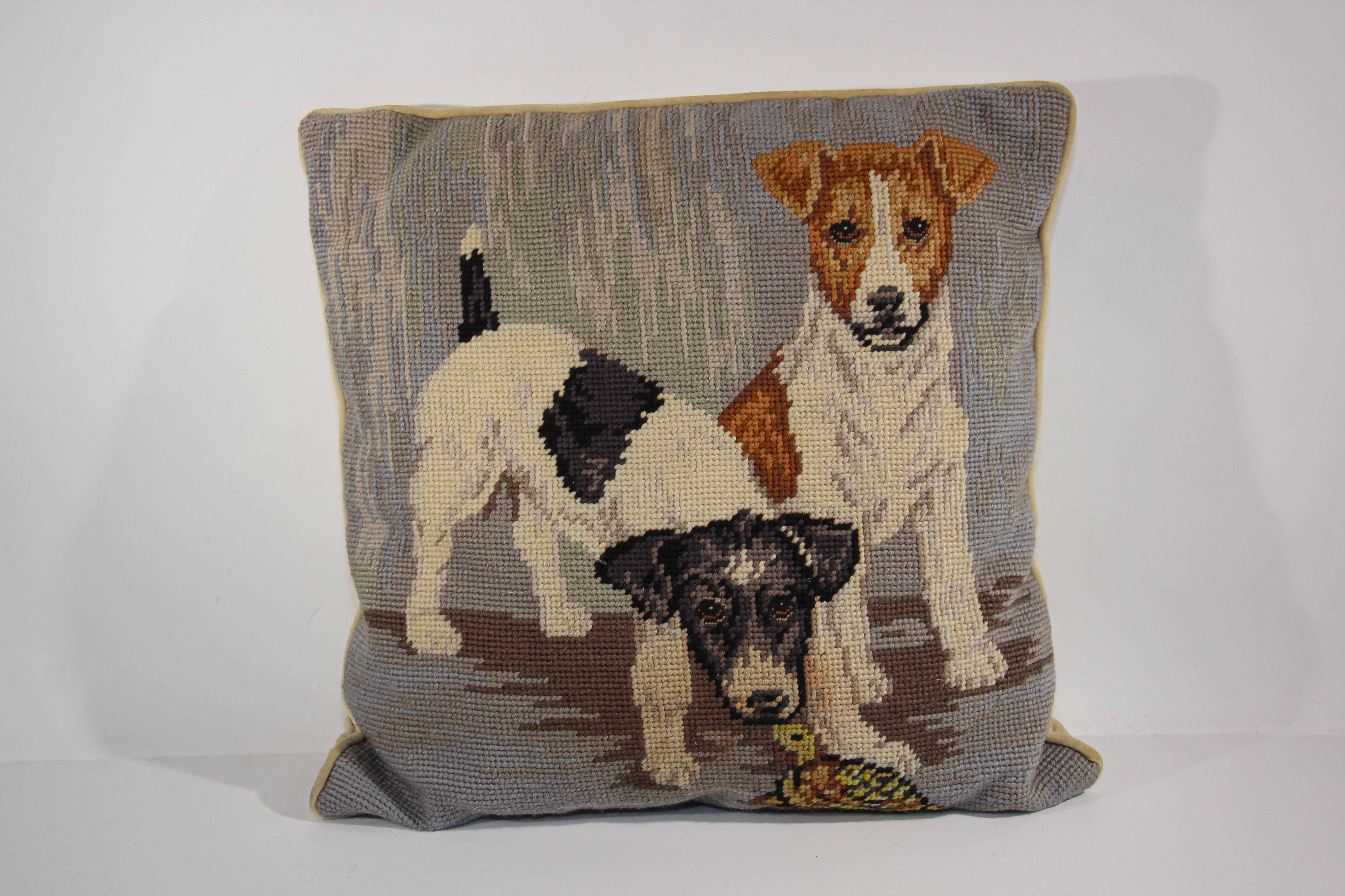 Vintage Charming dog pillow featuring portrait of a Yorkshire Terrier against a tan background. Bordered in browns. 
Hand-crafted in 100% wool needlepoint. 
Great gift for the Yorkie owner and dog loving home! Dog décor pillow has tan piping and
