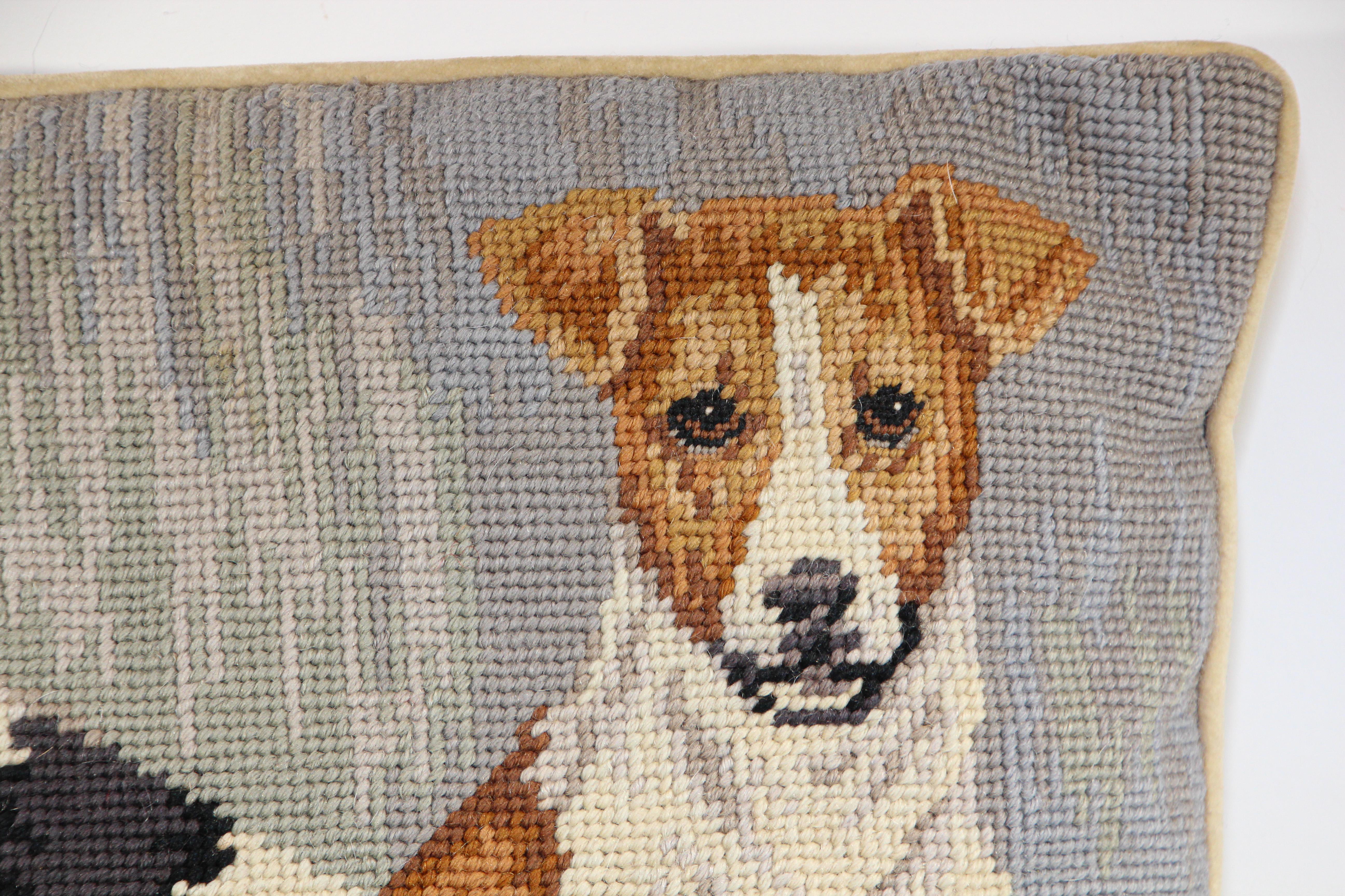 Folk Art Vintage Throw Decorative Needlepoint Dogs Pillow