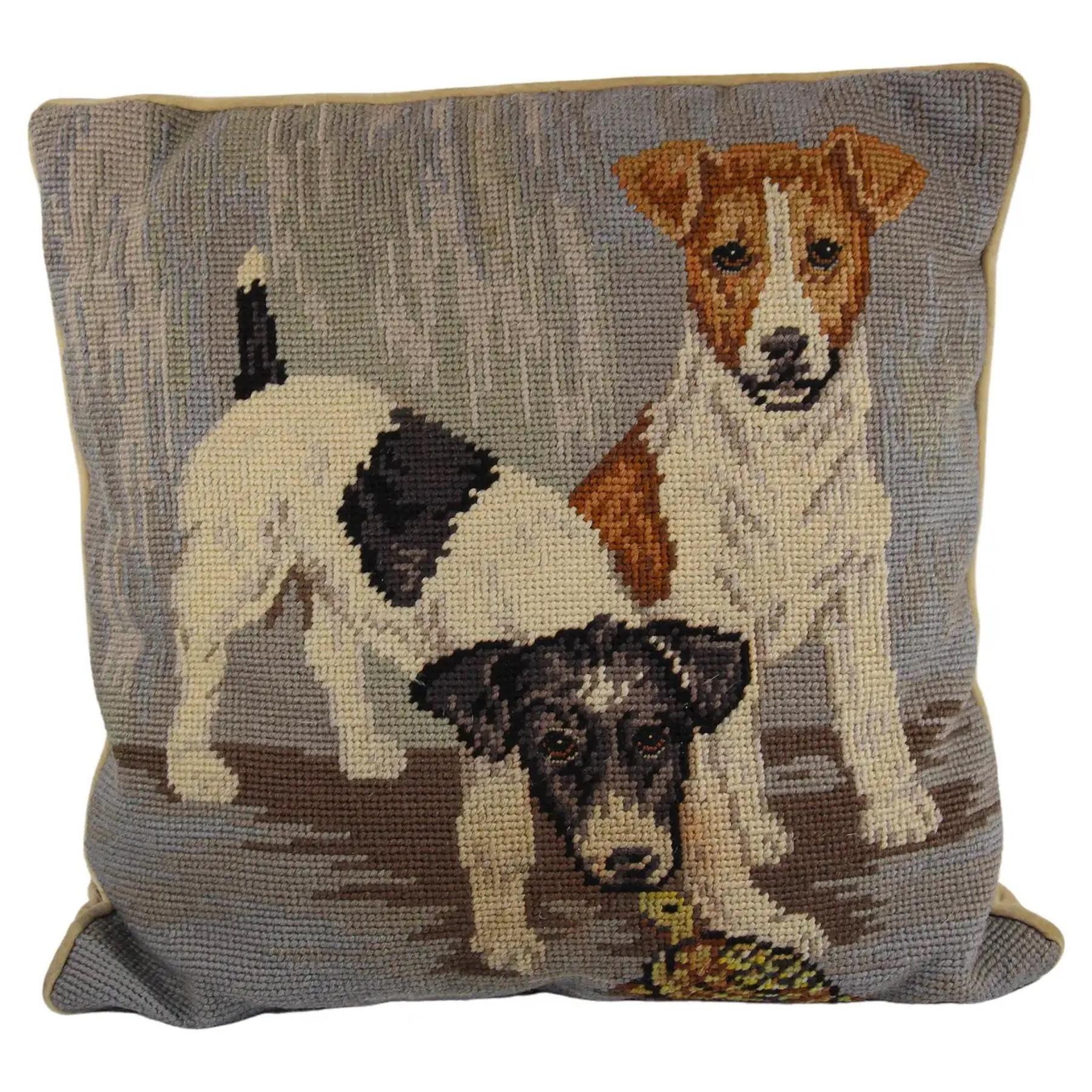 Vintage Throw Decorative Needlepoint Dogs Pillow 1