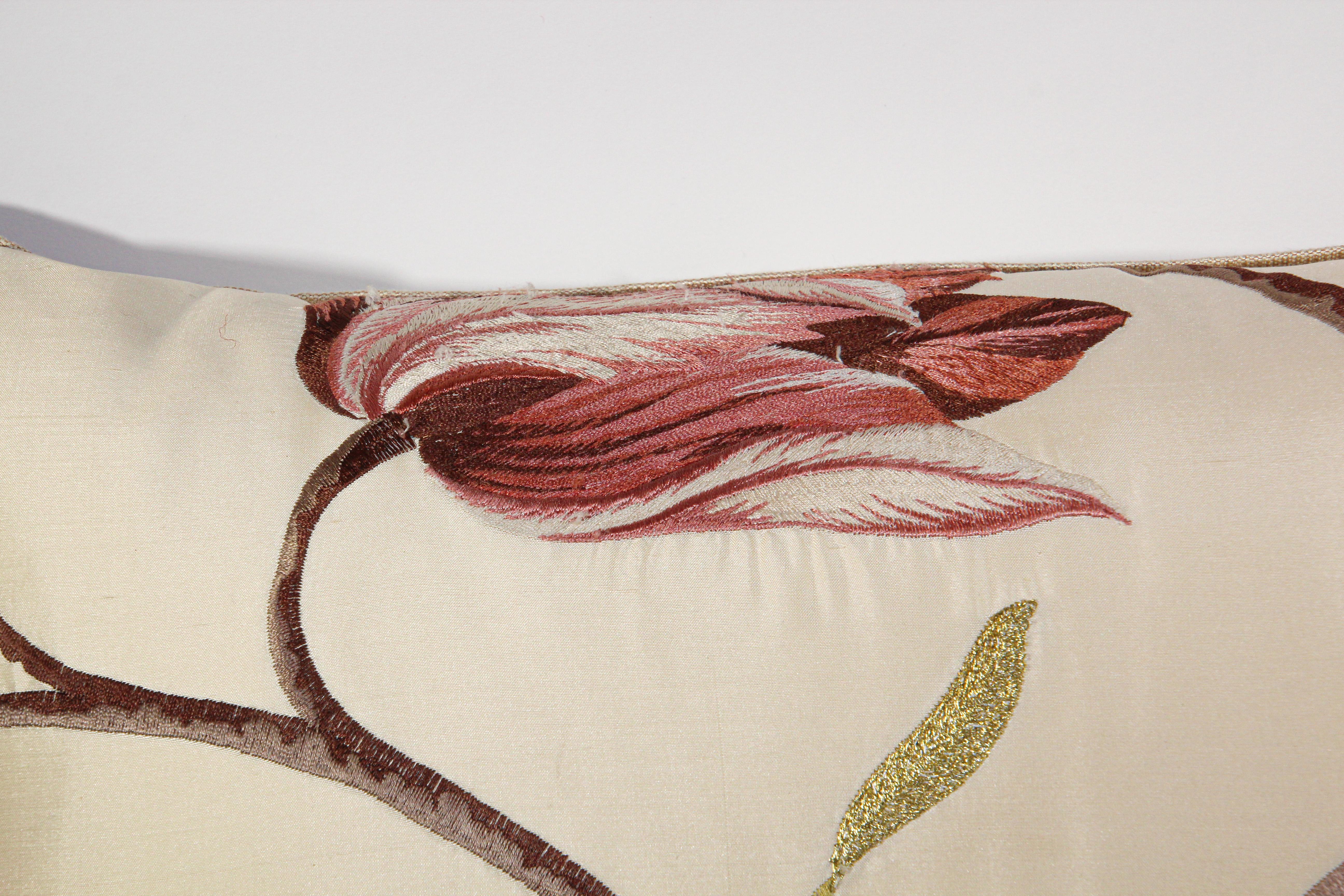 Vintage Throw Decorative Taffeta Pillow Embroidered with Flowers For Sale 3