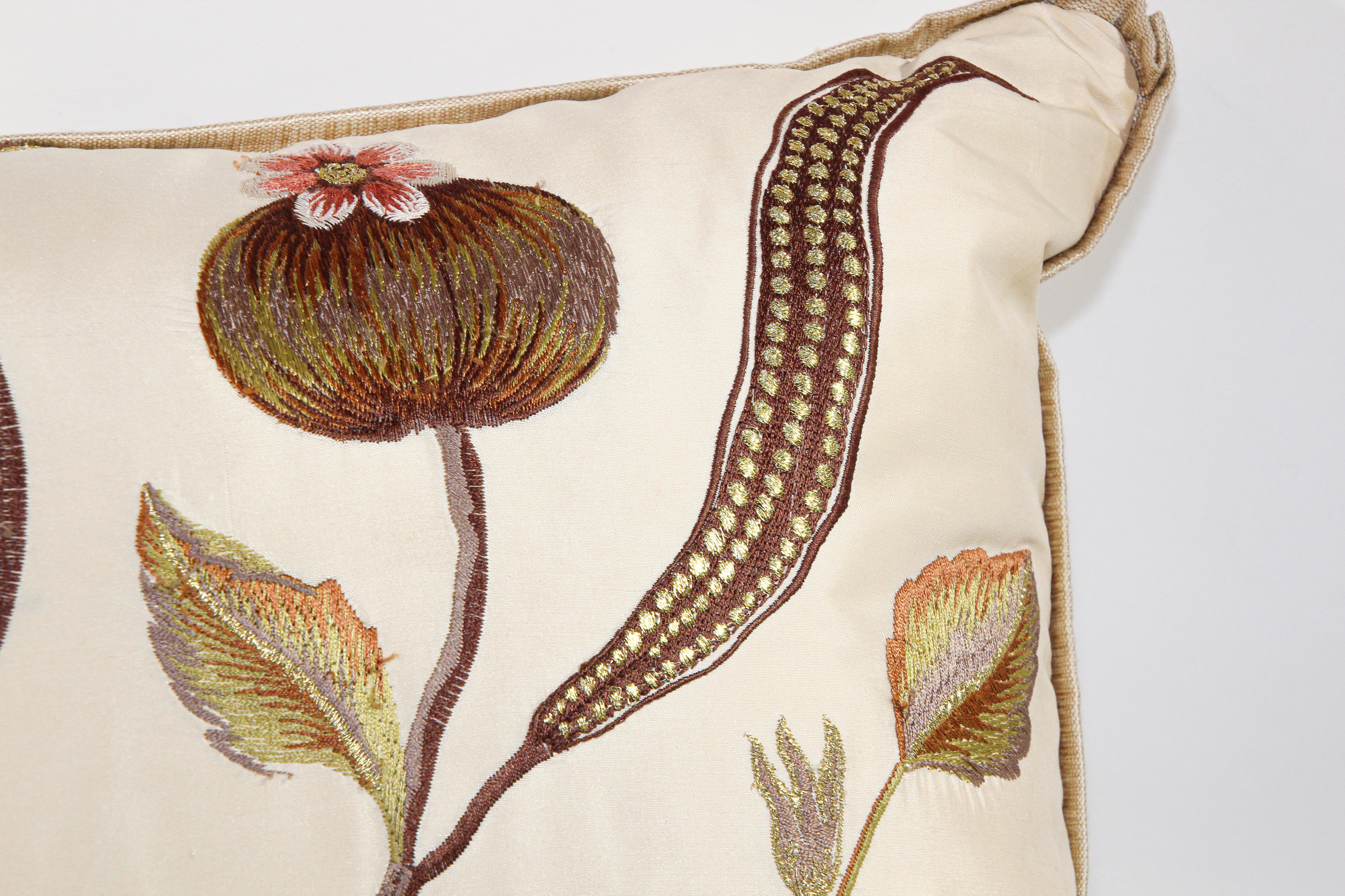 Vintage Throw Decorative Taffeta Pillow Embroidered with Flowers For Sale 4