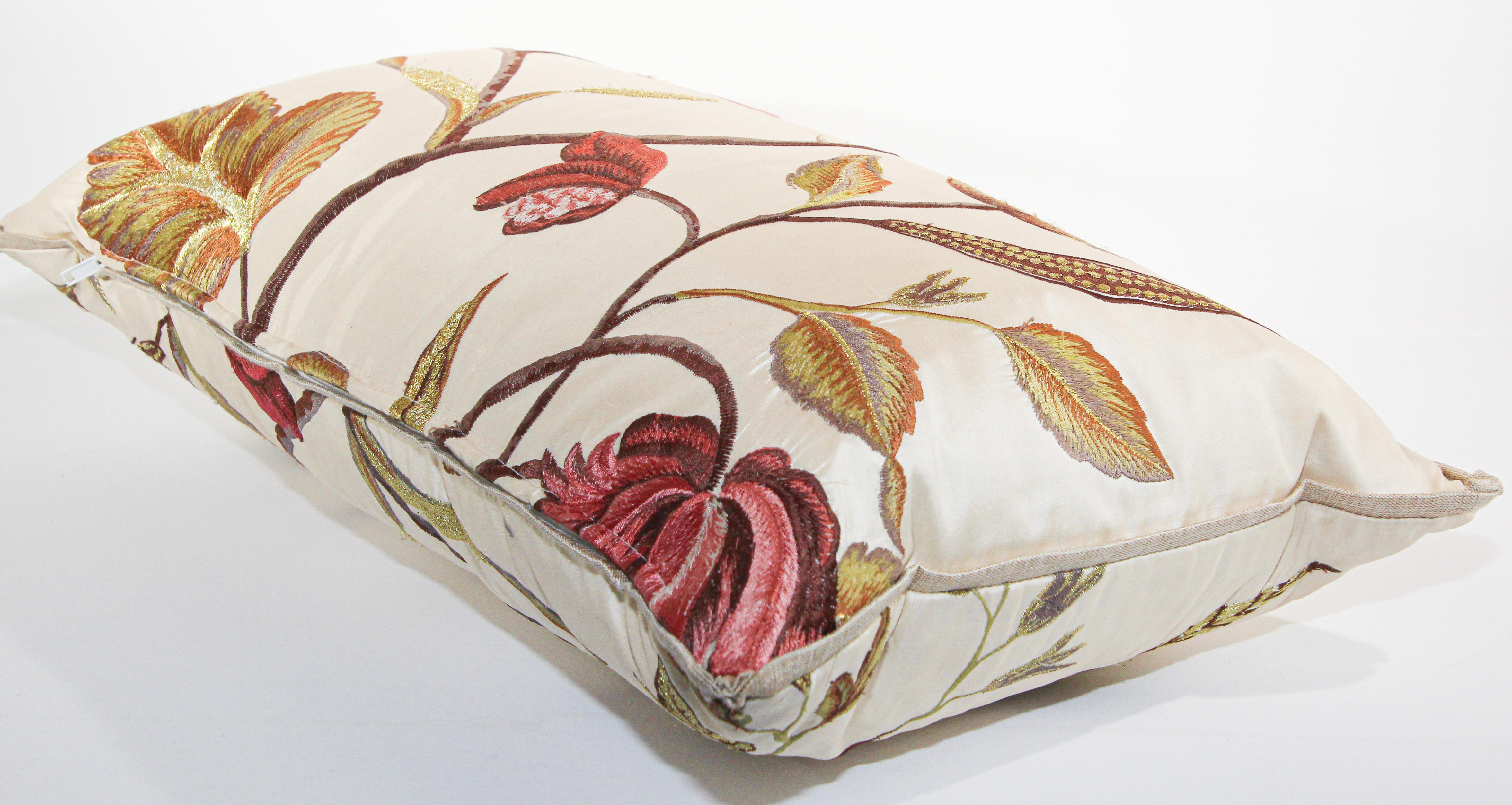 Vintage Throw Decorative Taffeta Pillow Embroidered with Flowers For Sale 6