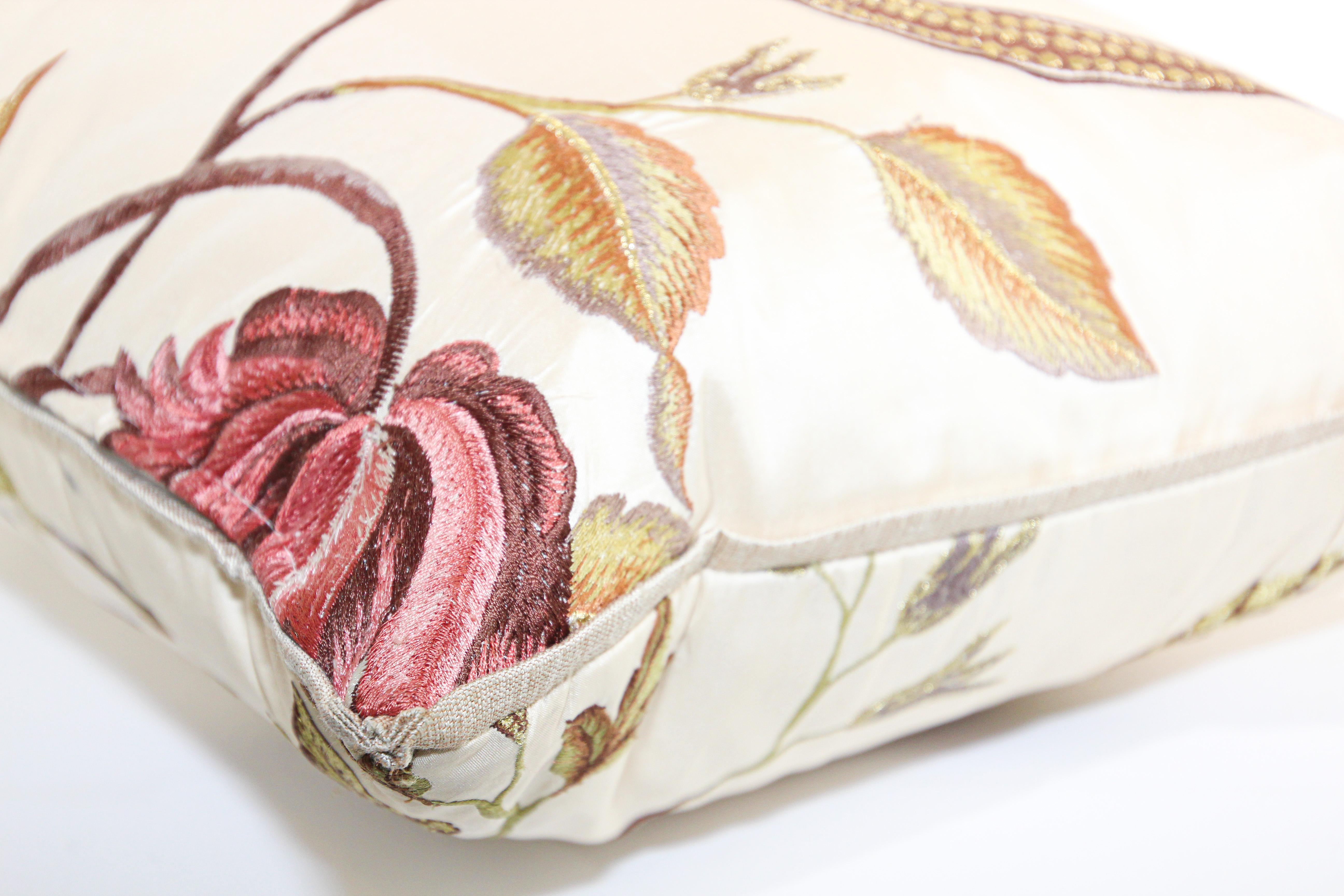 Vintage Throw Decorative Taffeta Pillow Embroidered with Flowers For Sale 7