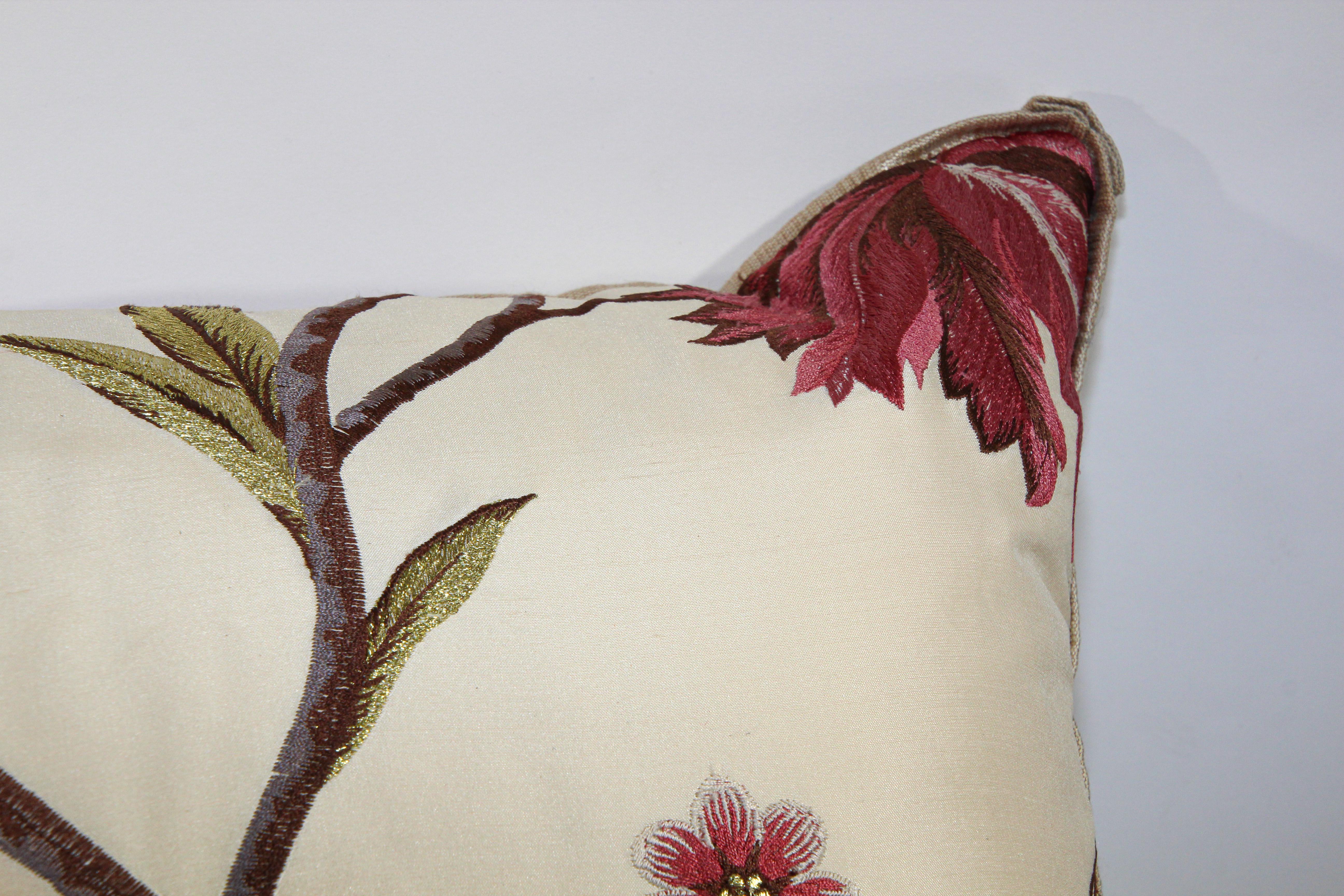 Indian Vintage Throw Decorative Taffeta Pillow Embroidered with Flowers For Sale