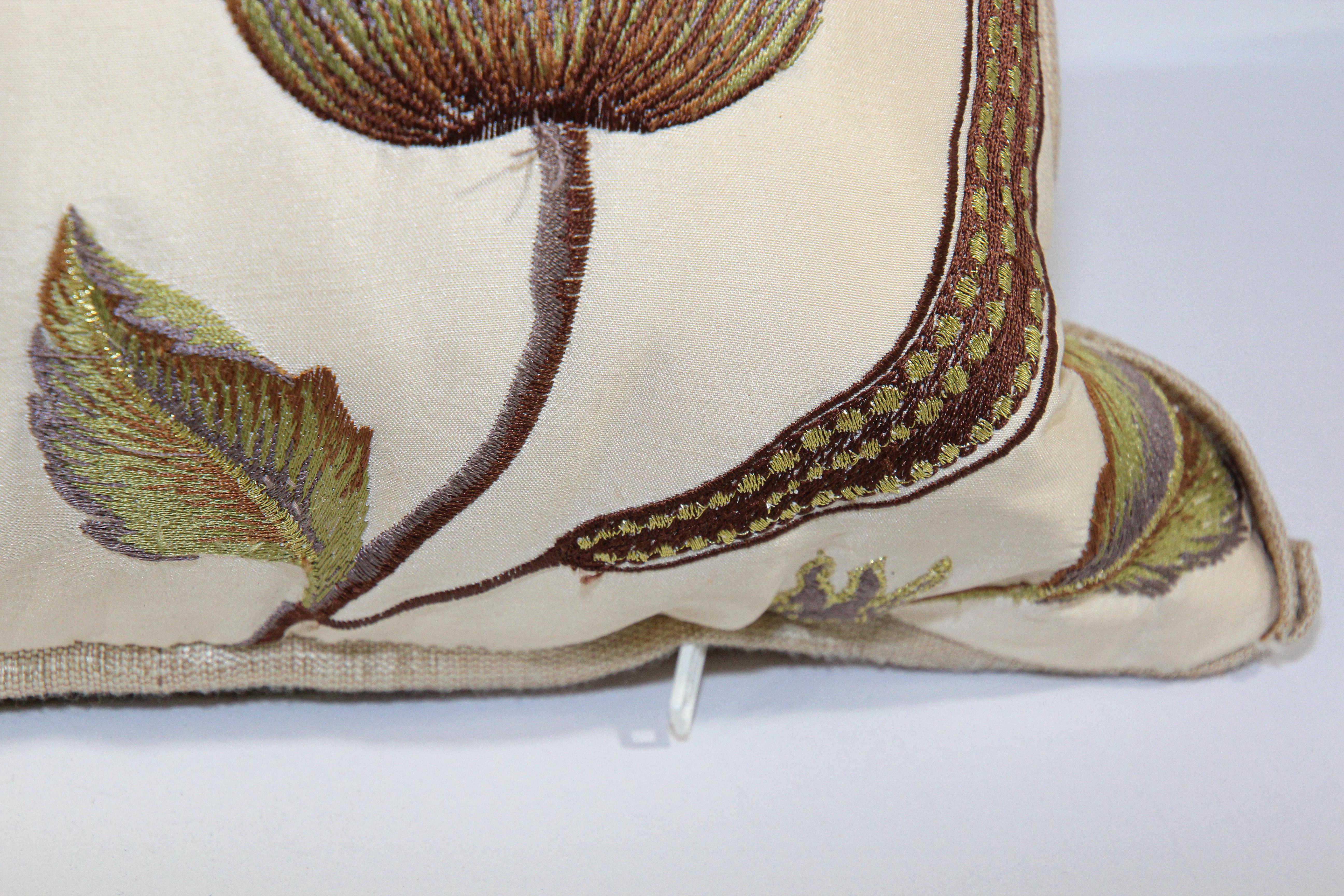 Vintage Throw Decorative Taffeta Pillow Embroidered with Flowers In Good Condition For Sale In North Hollywood, CA