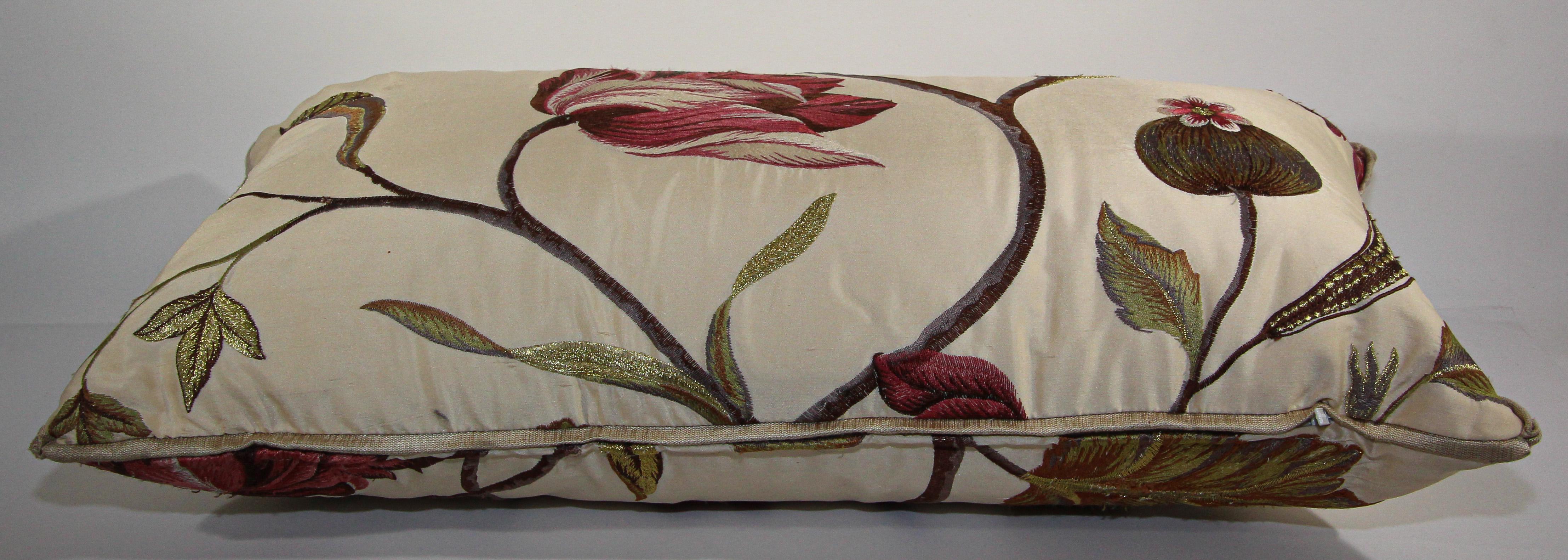 20th Century Vintage Throw Decorative Taffeta Pillow Embroidered with Flowers For Sale