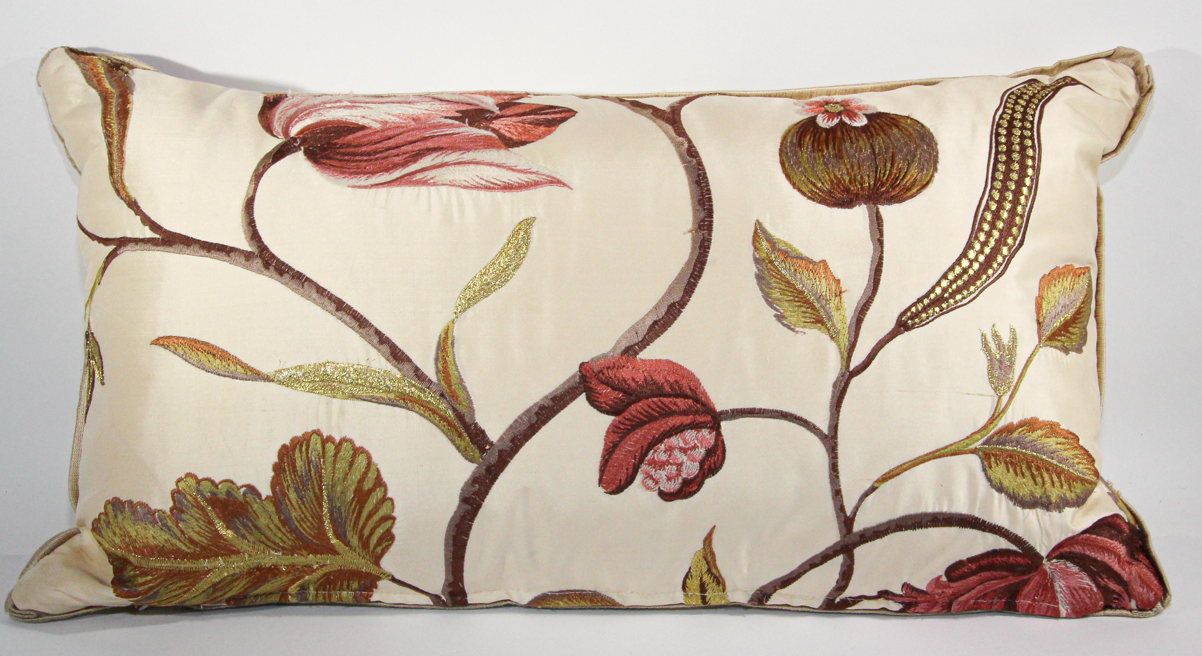 Fabric Vintage Throw Decorative Taffeta Pillow Embroidered with Flowers For Sale