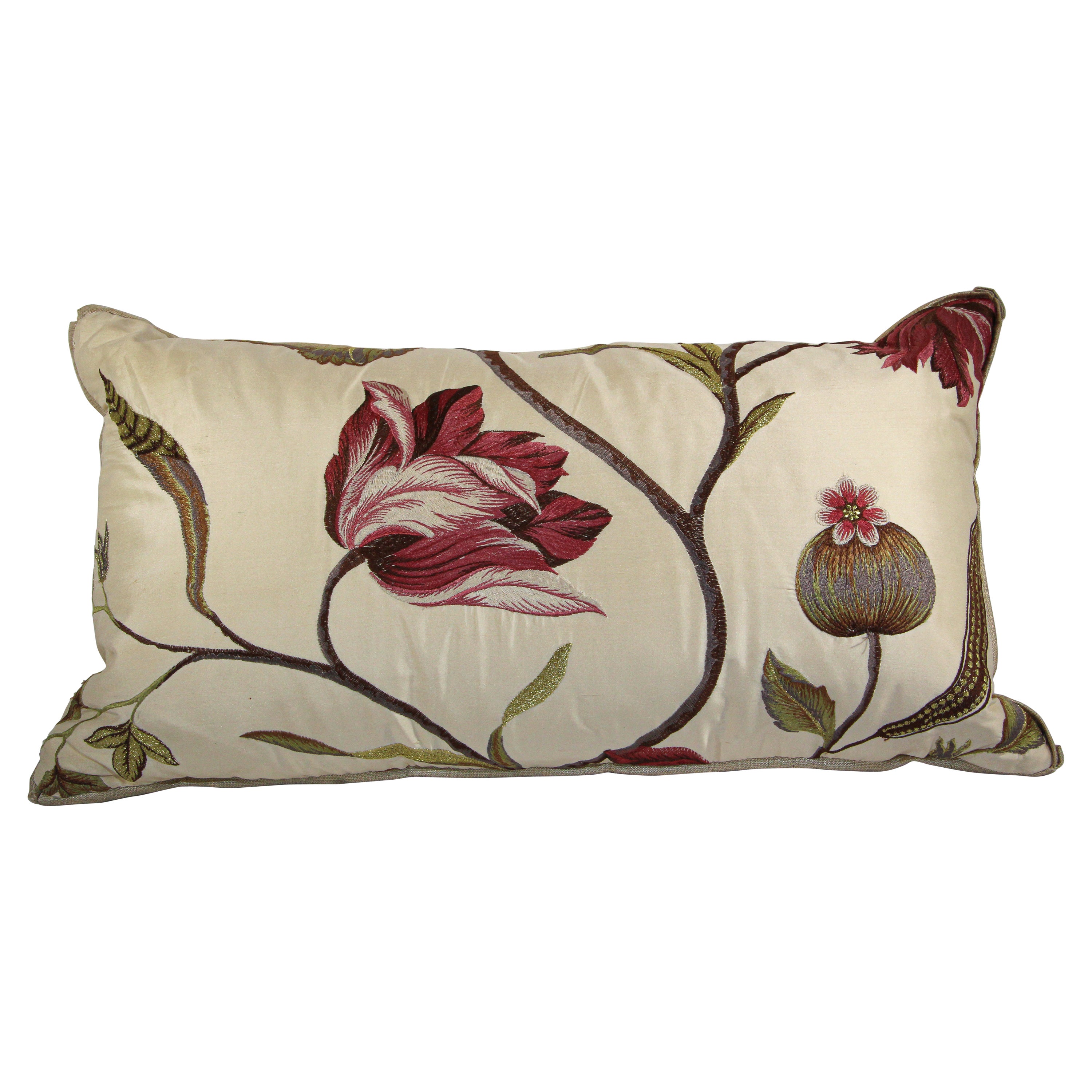 Vintage Throw Decorative Taffeta Pillow Embroidered with Flowers