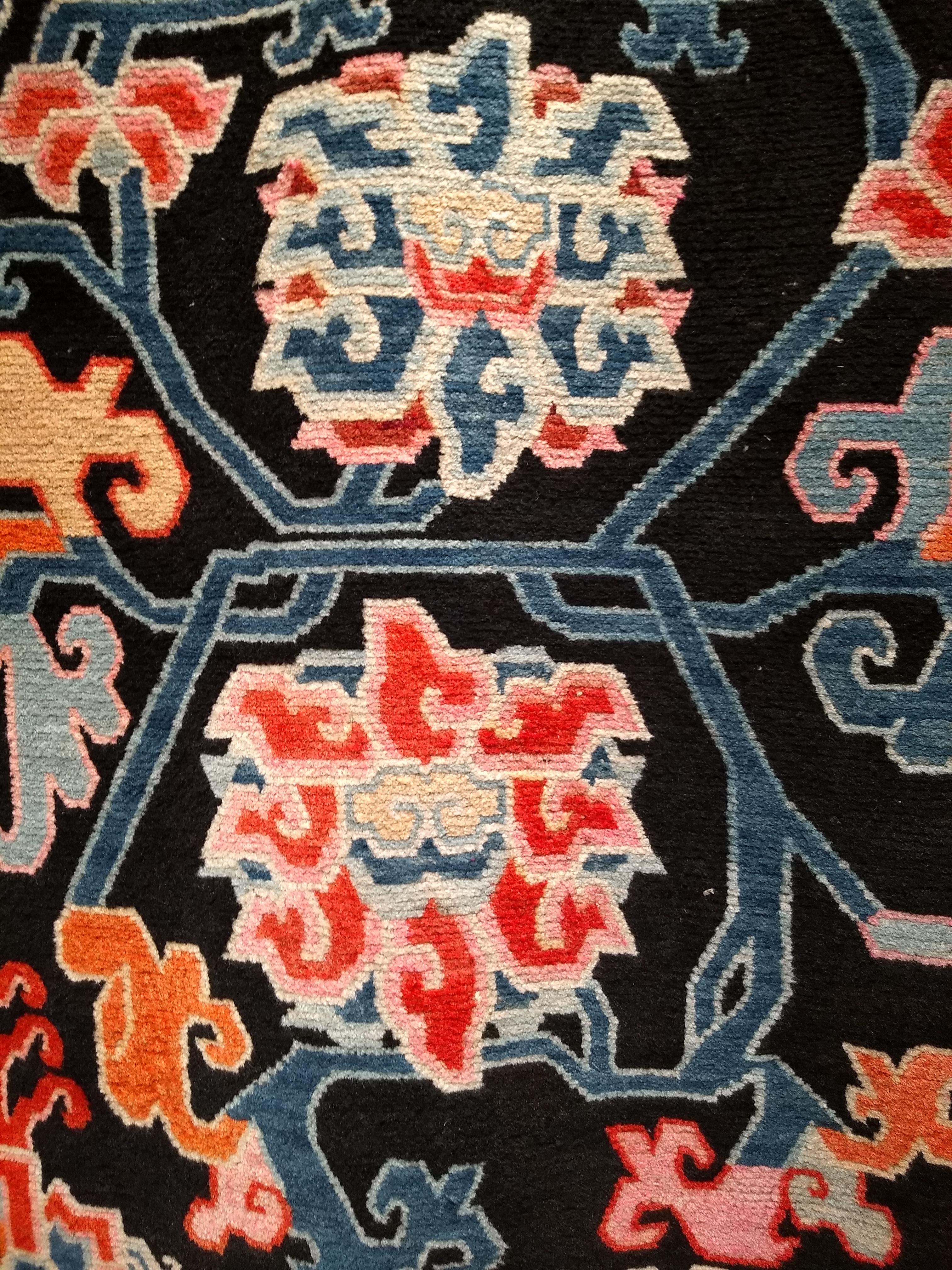 Wool Vintage Tibetan Rug with Lotus Flowers and Cloud Symbols in French Blue and Red For Sale
