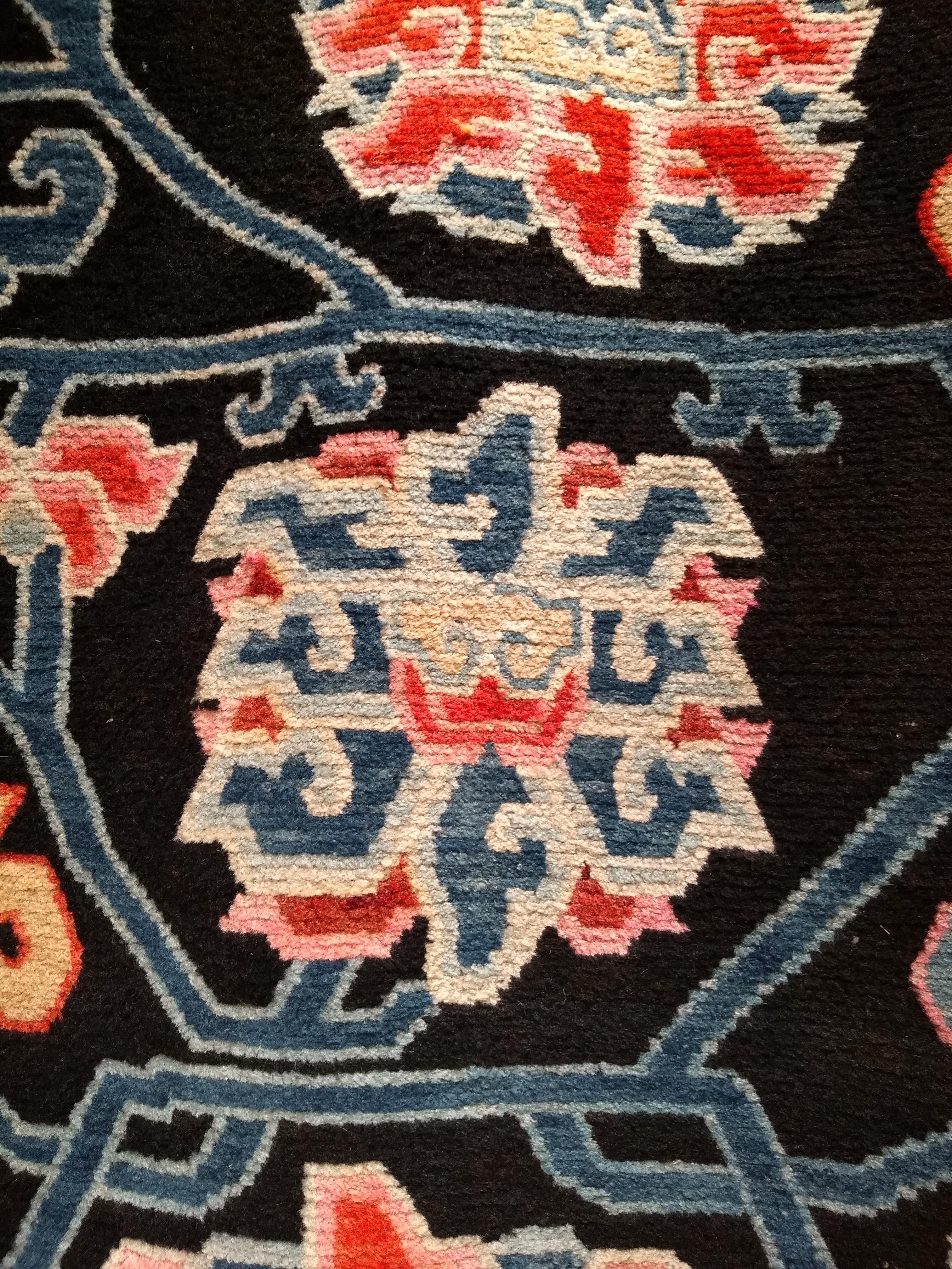 Vintage Tibetan Rug with Lotus Flowers and Cloud Symbols in French Blue and Red For Sale 3