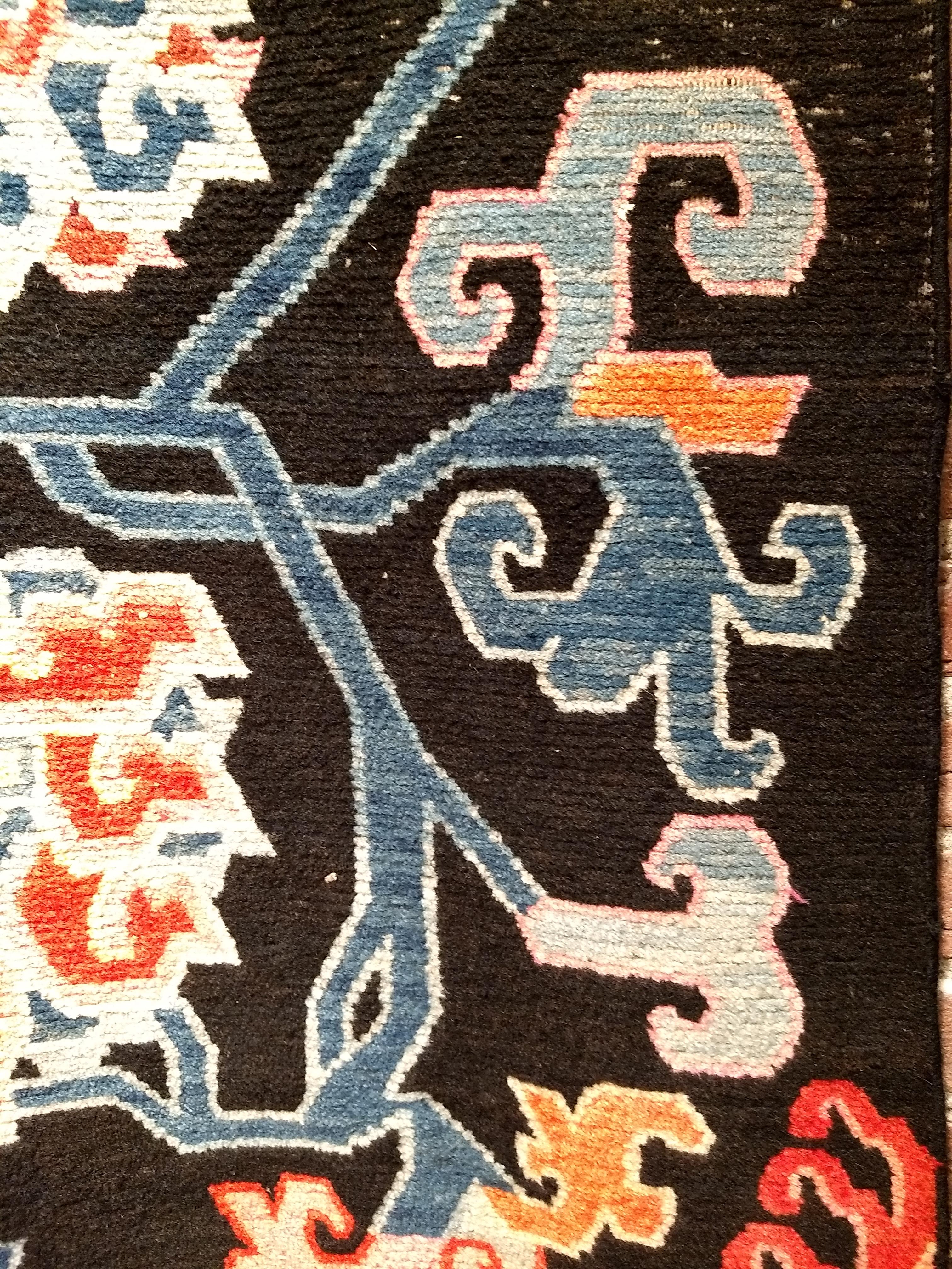 Vintage Tibetan Rug with Lotus Flowers and Cloud Symbols in French Blue and Red For Sale 4