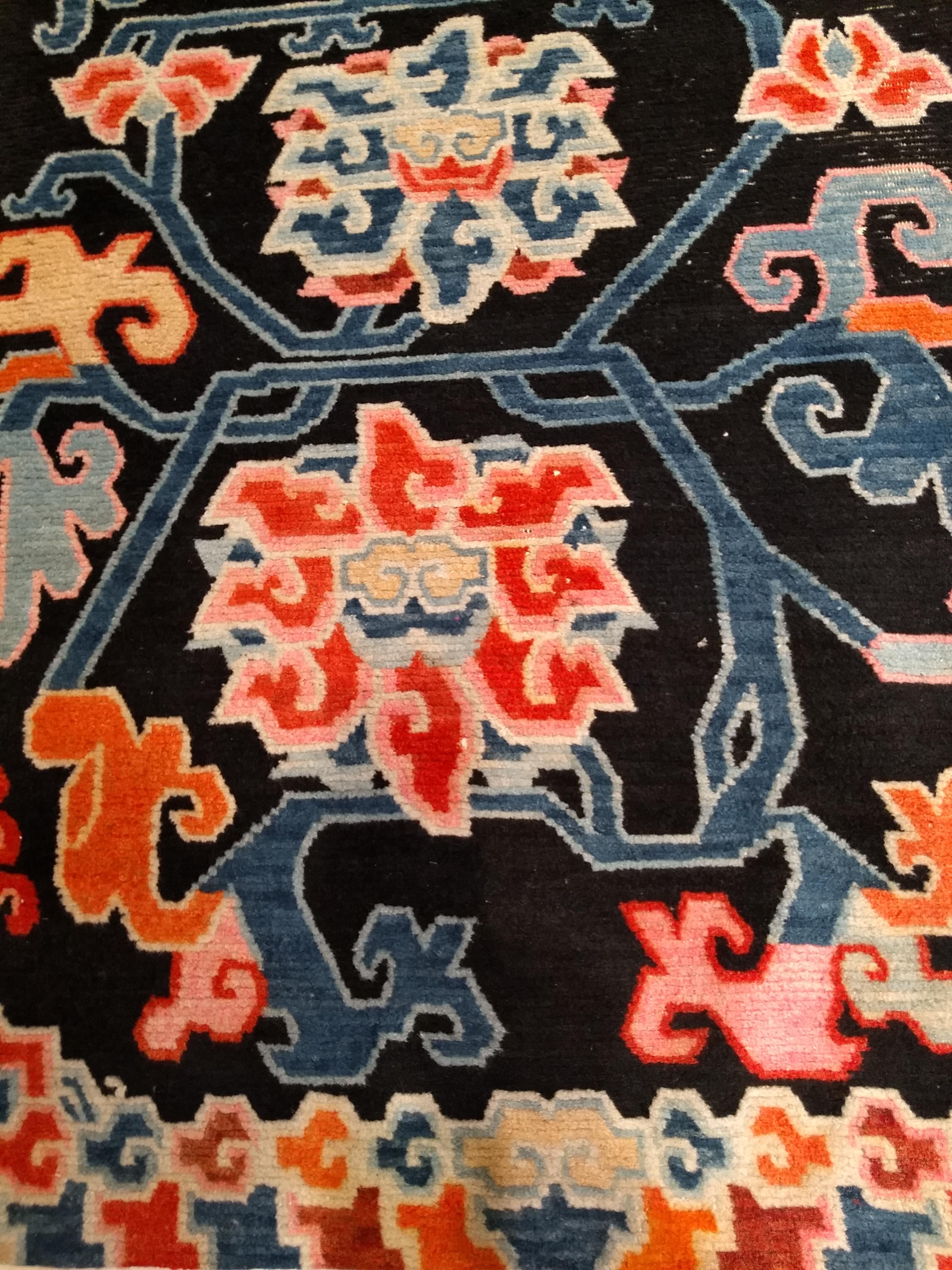 Vintage Tibetan Rug with Lotus Flowers and Cloud Symbols in French Blue and Red For Sale 5