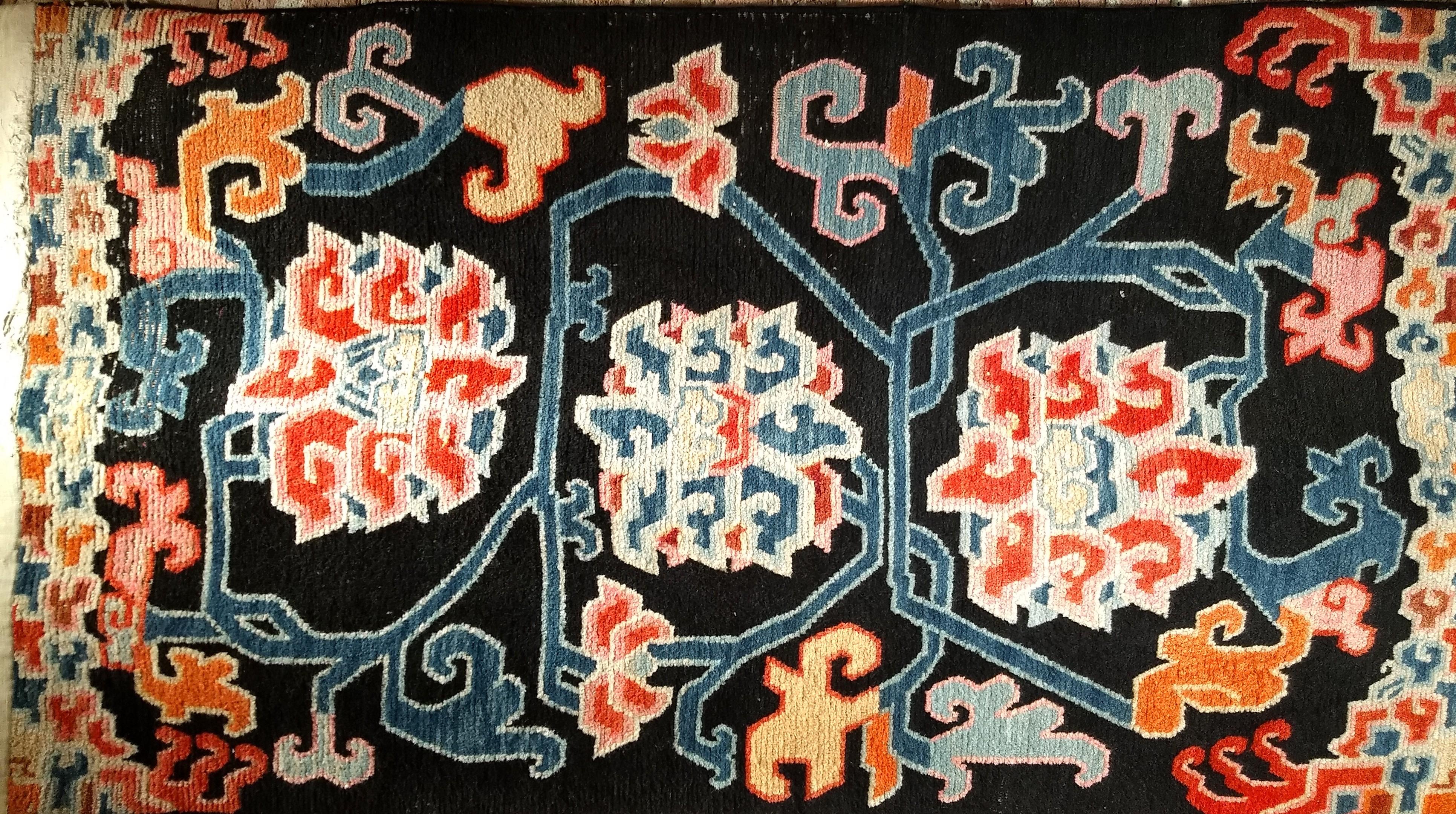 Vintage Tibetan Rug with Lotus Flowers and Cloud Symbols in French Blue and Red For Sale 6