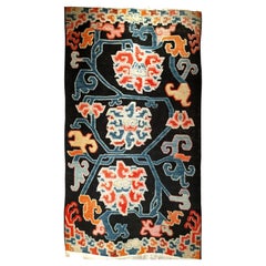 Vintage Tibetan Rug with Lotus Flowers and Cloud Symbols in French Blue and Red