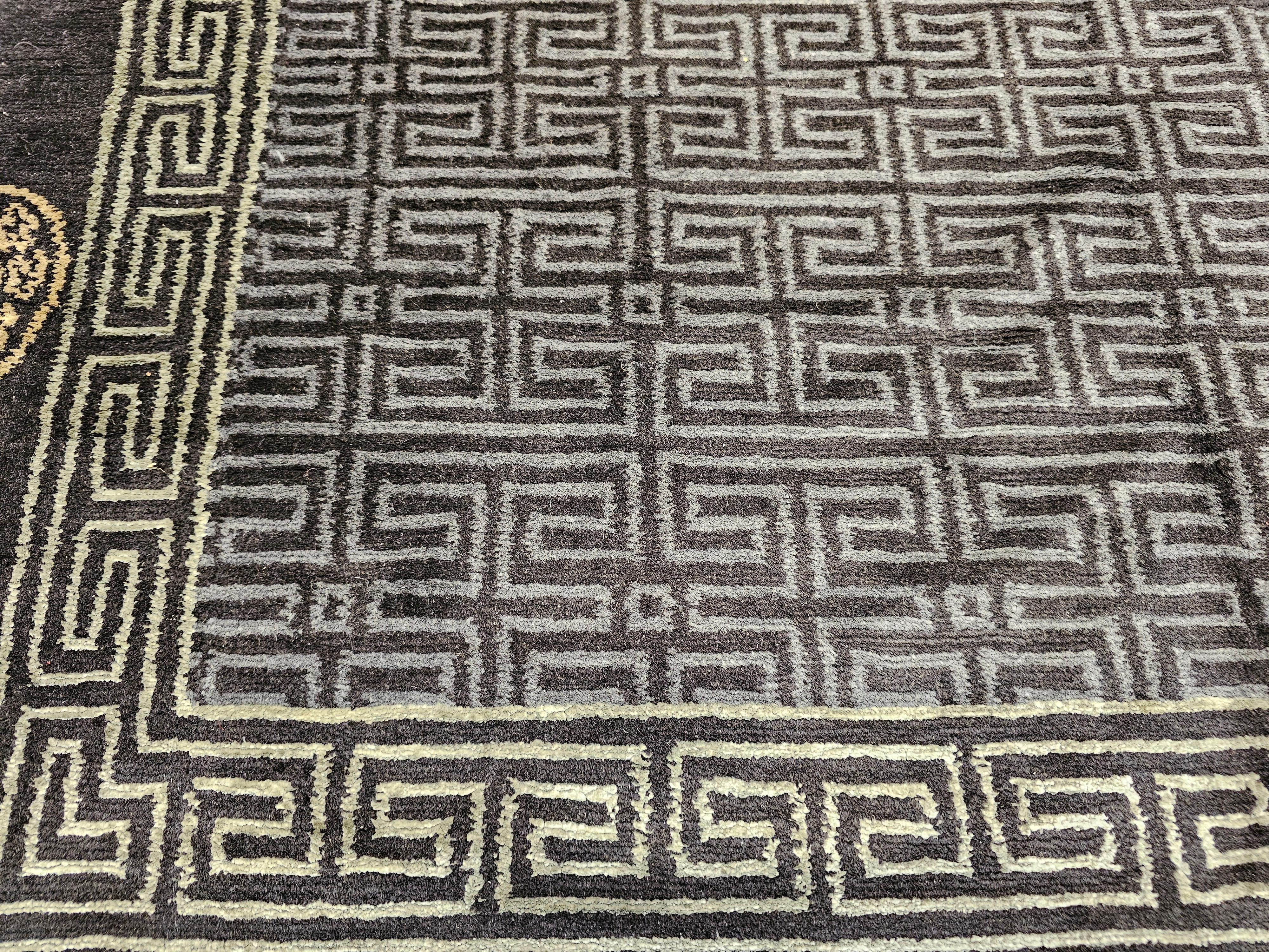 Vintage Tibetan Area Rug in Black, Gold & Gray Lattice with Deity Symbols For Sale 3