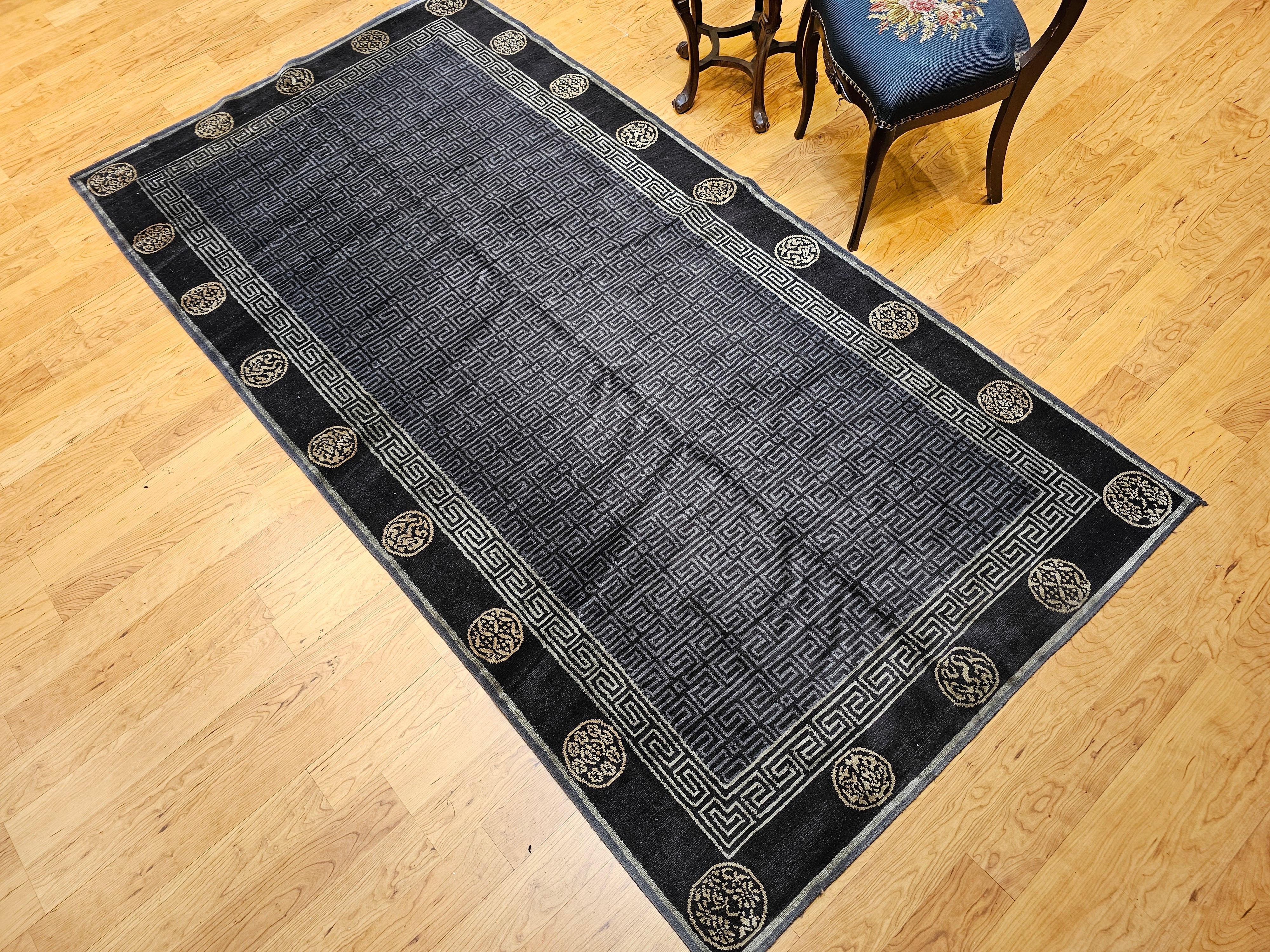 Vintage Tibetan Area Rug in Black, Gold & Gray Lattice with Deity Symbols For Sale 4
