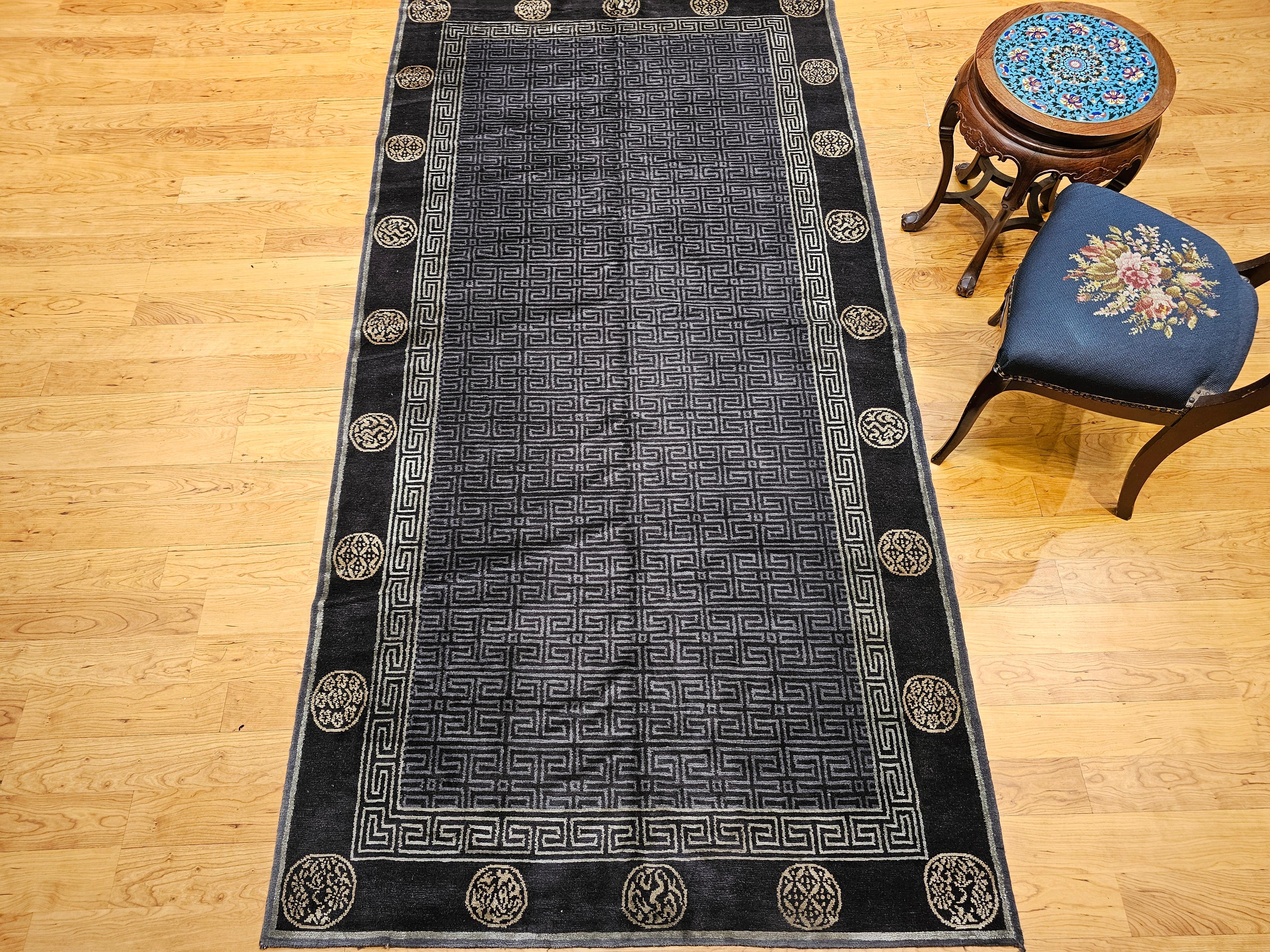 Vintage Tibetan Area Rug in Black, Gold & Gray Lattice with Deity Symbols For Sale 5