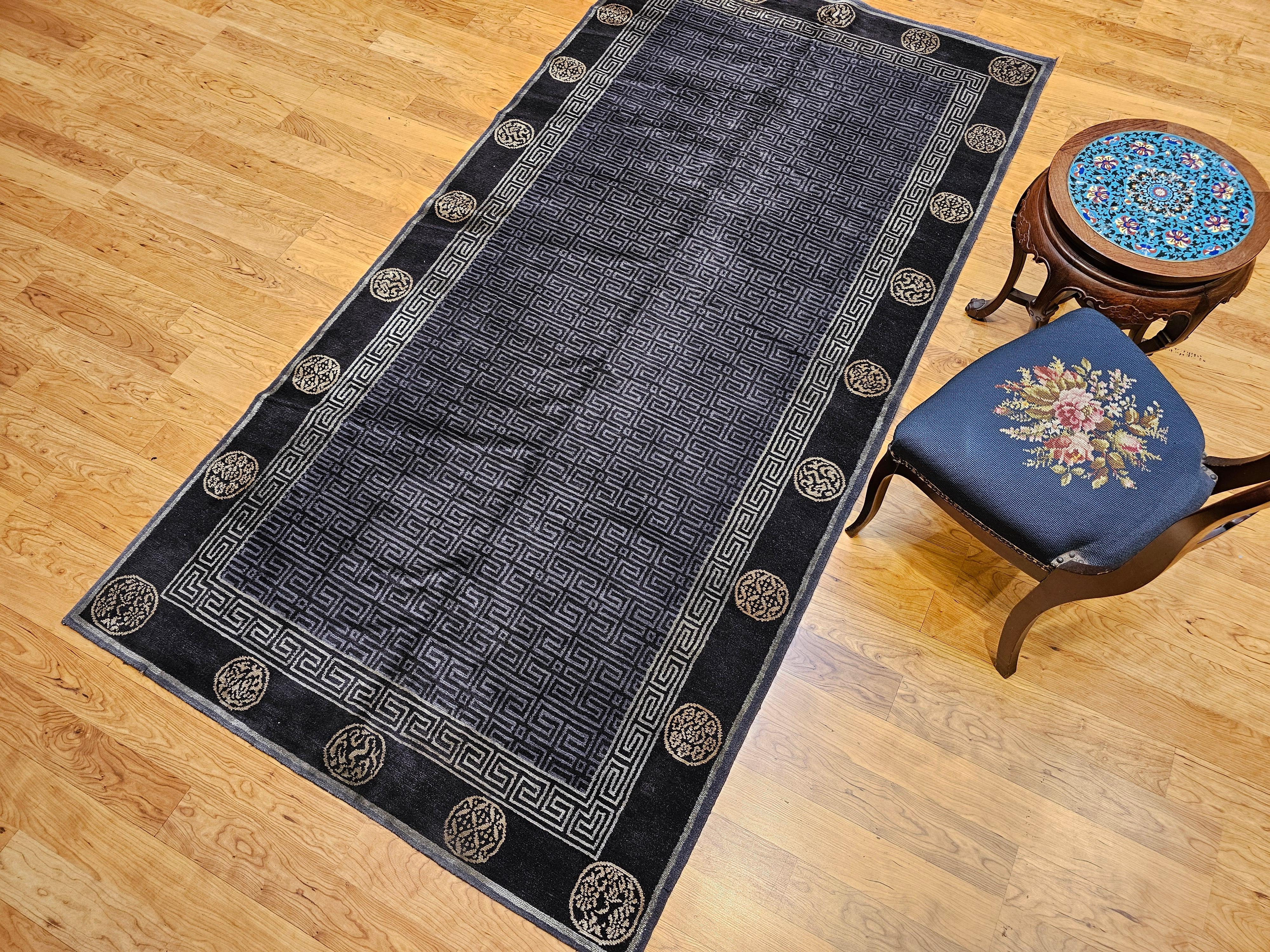 Vintage Tibetan Area Rug in Black, Gold & Gray Lattice with Deity Symbols For Sale 6