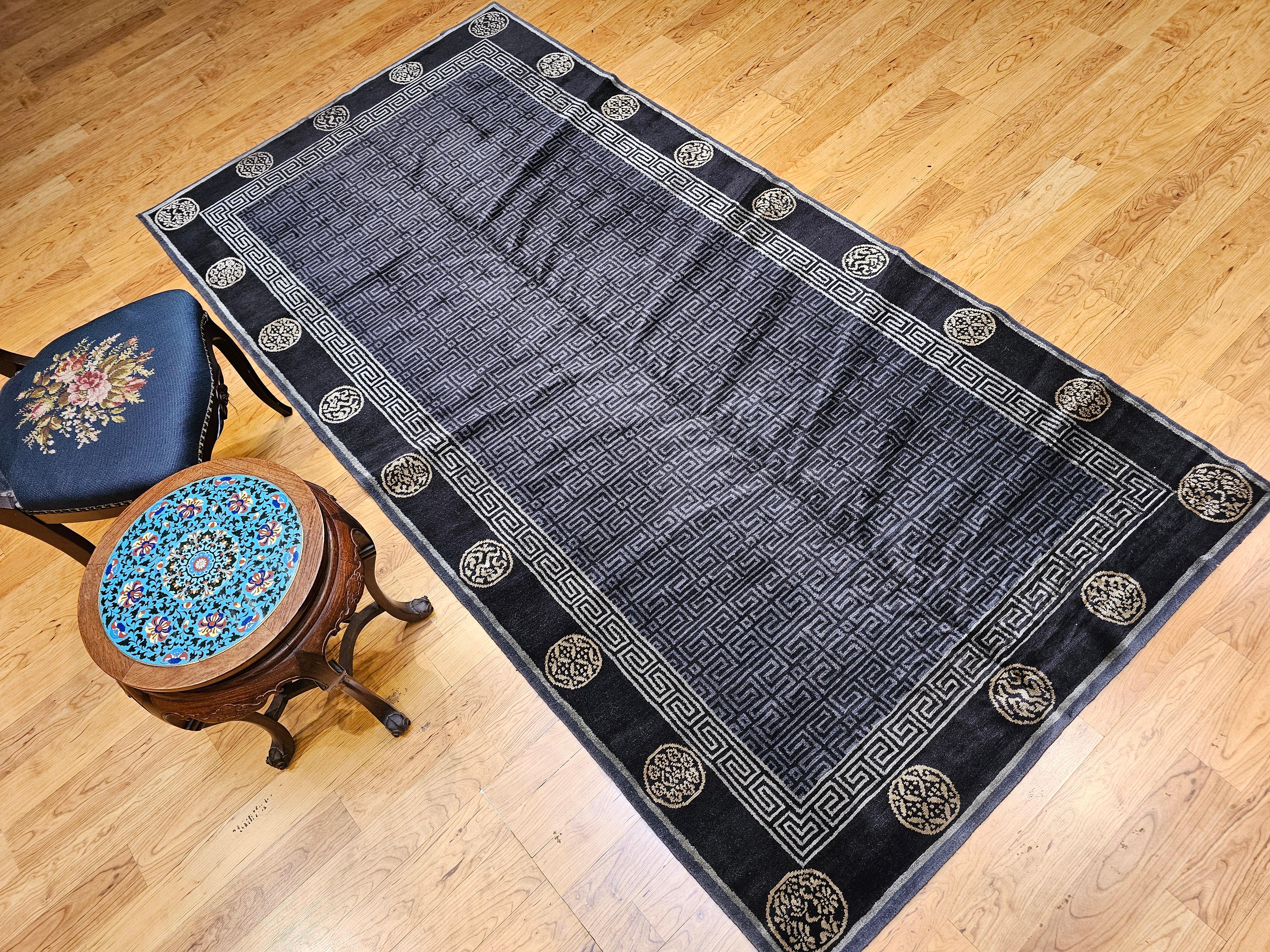 Vintage Tibetan Area Rug in Black, Gold & Gray Lattice with Deity Symbols For Sale 8