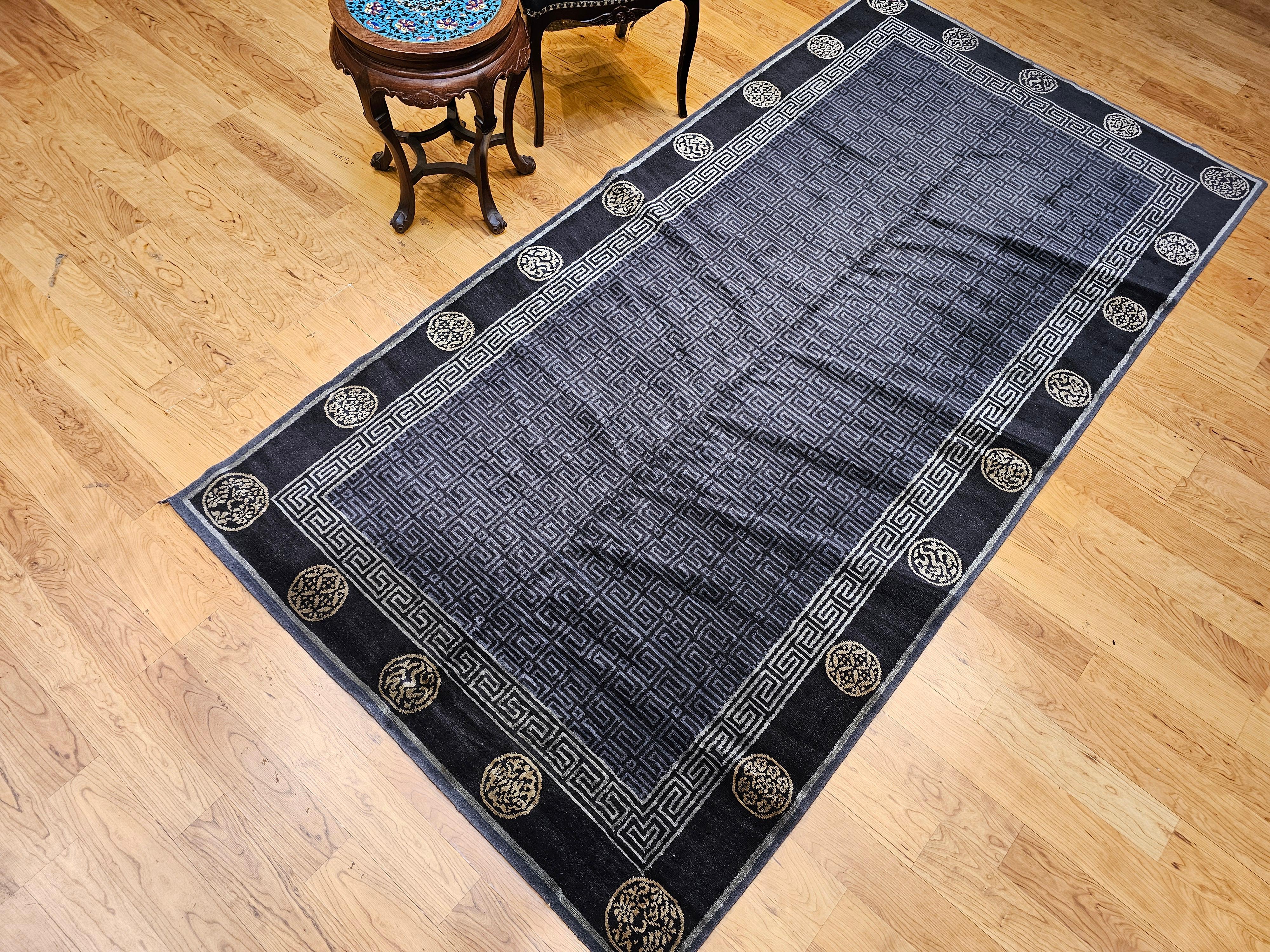 Vintage Tibetan Area Rug in Black, Gold & Gray Lattice with Deity Symbols For Sale 10