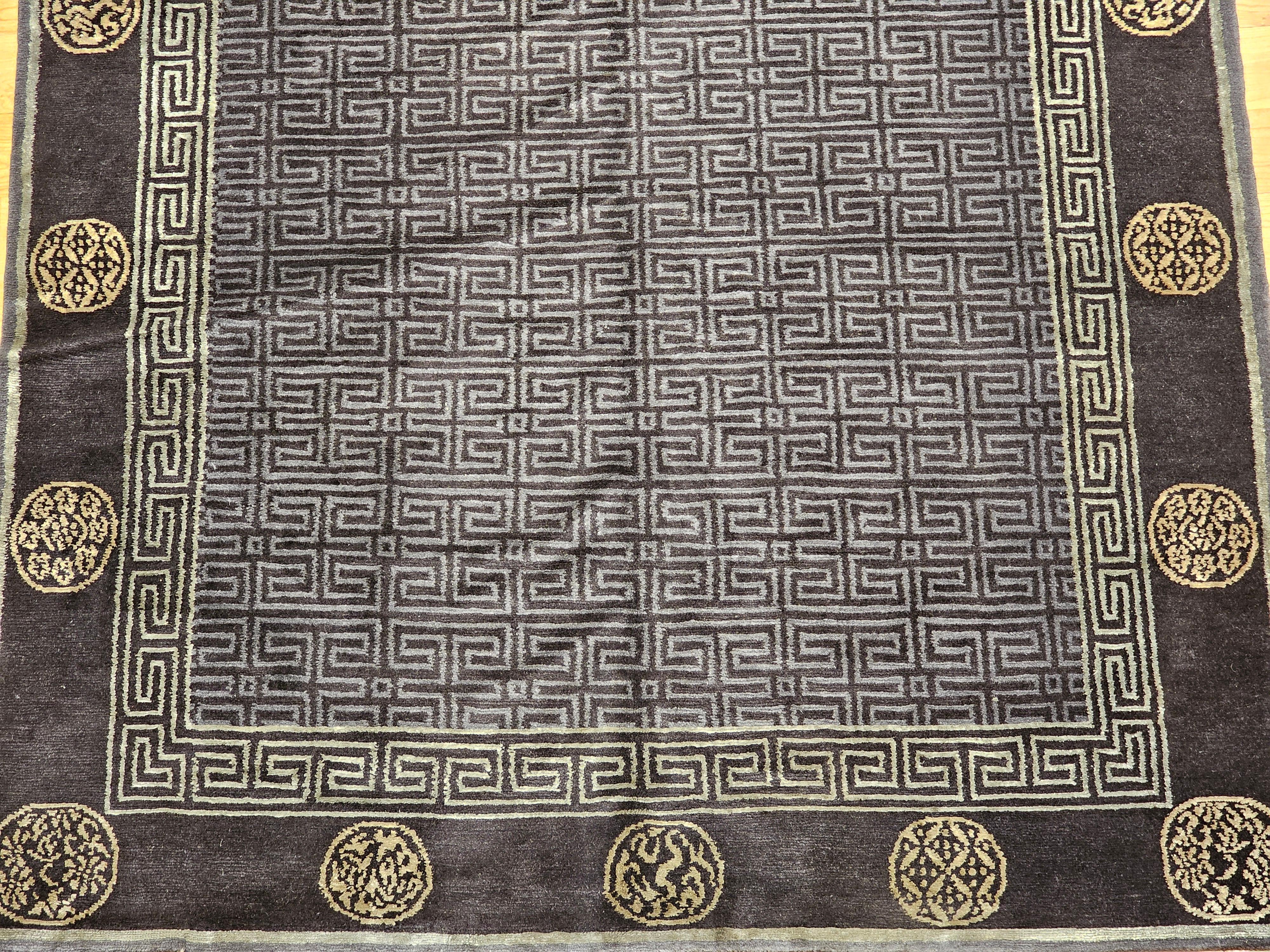 Art Deco Vintage Tibetan Area Rug in Black, Gold & Gray Lattice with Deity Symbols For Sale