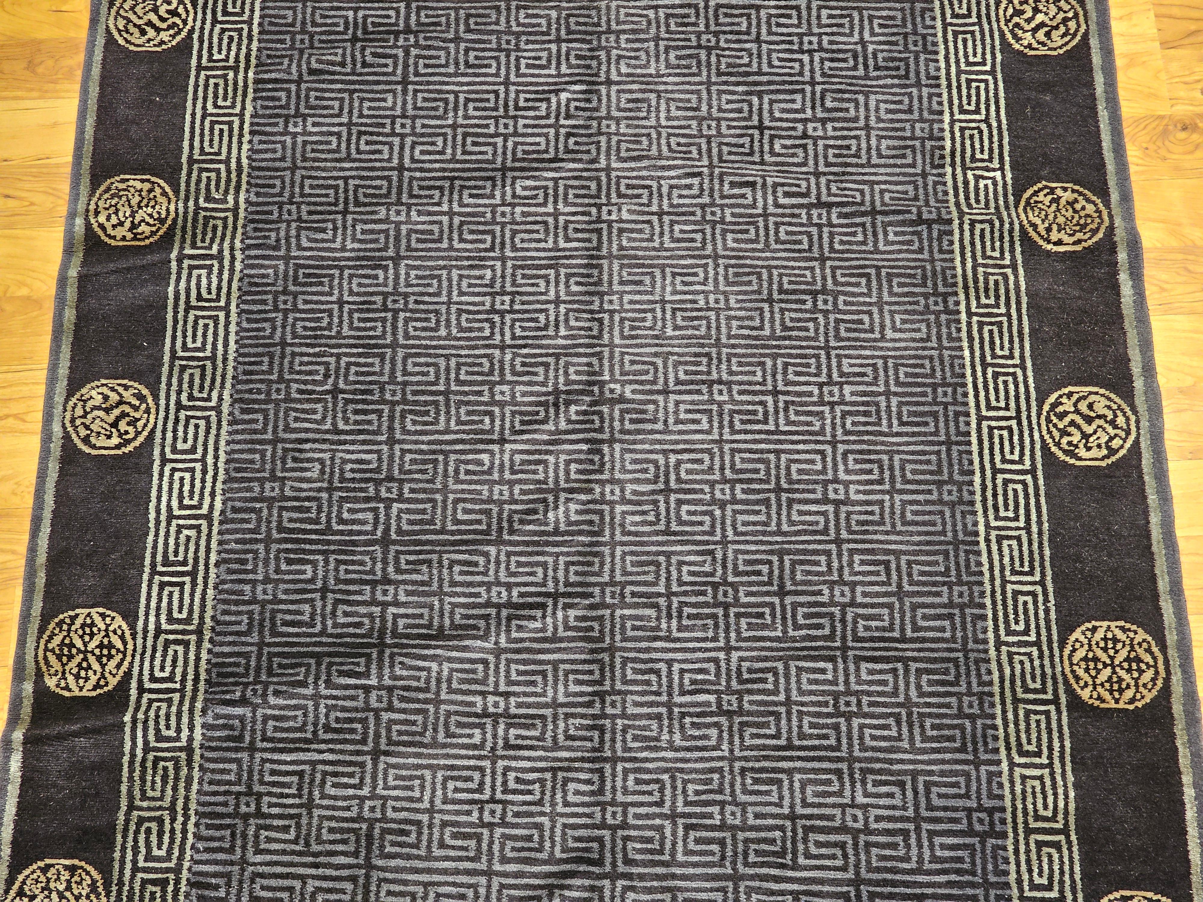 Hand-Woven Vintage Tibetan Area Rug in Black, Gold & Gray Lattice with Deity Symbols For Sale