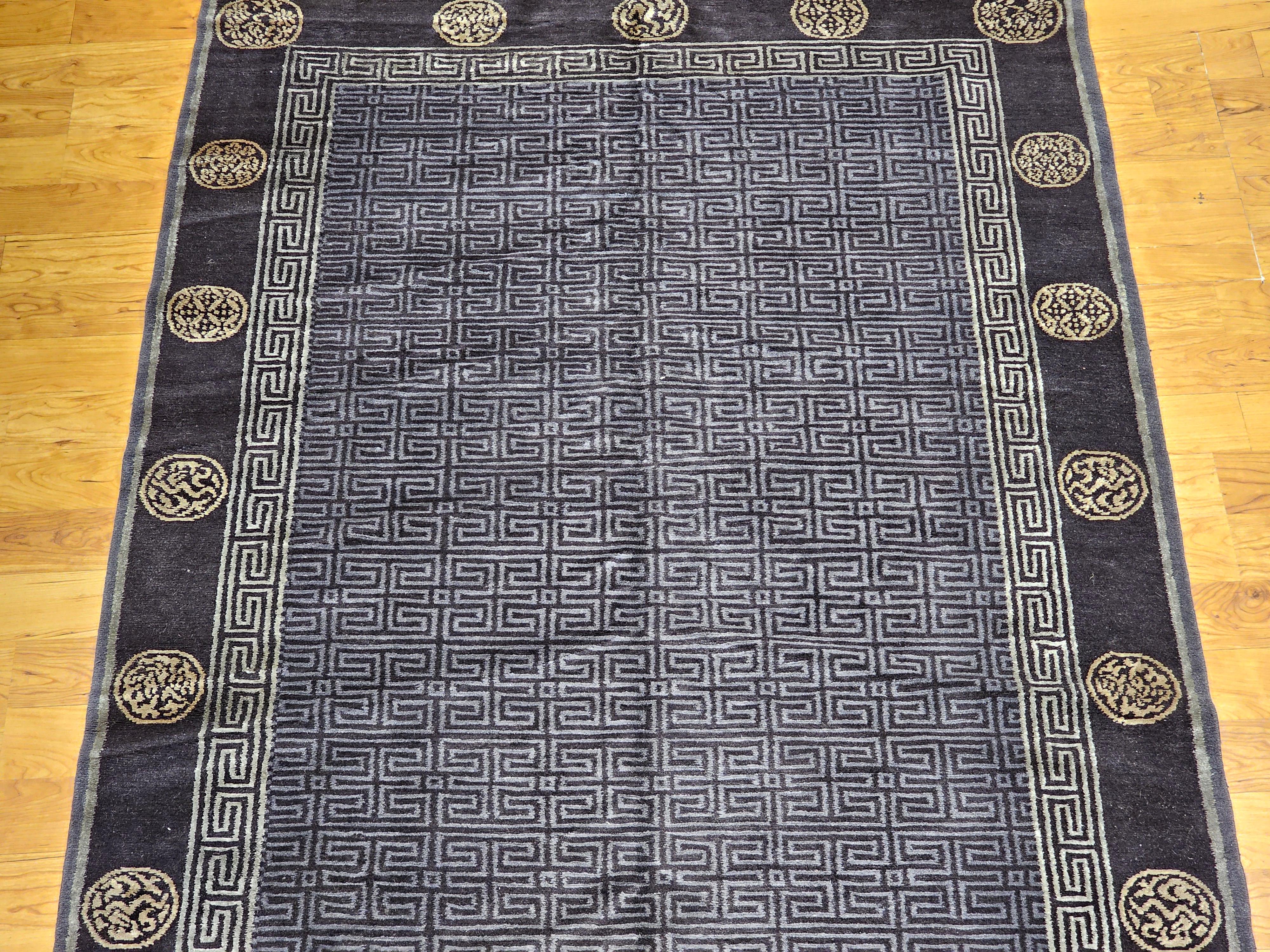 Vintage Tibetan Area Rug in Black, Gold & Gray Lattice with Deity Symbols In Good Condition For Sale In Barrington, IL