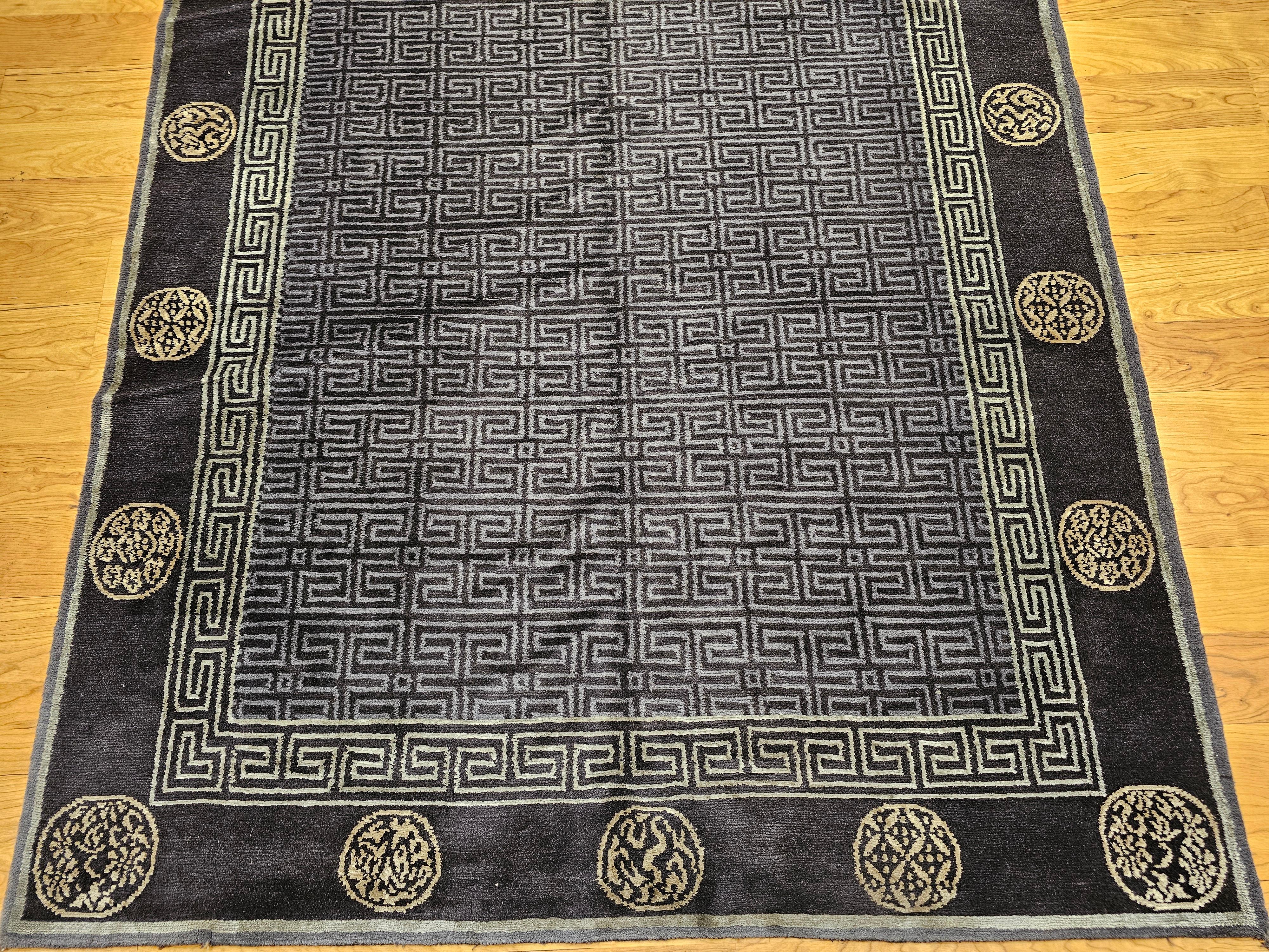 20th Century Vintage Tibetan Area Rug in Black, Gold & Gray Lattice with Deity Symbols For Sale