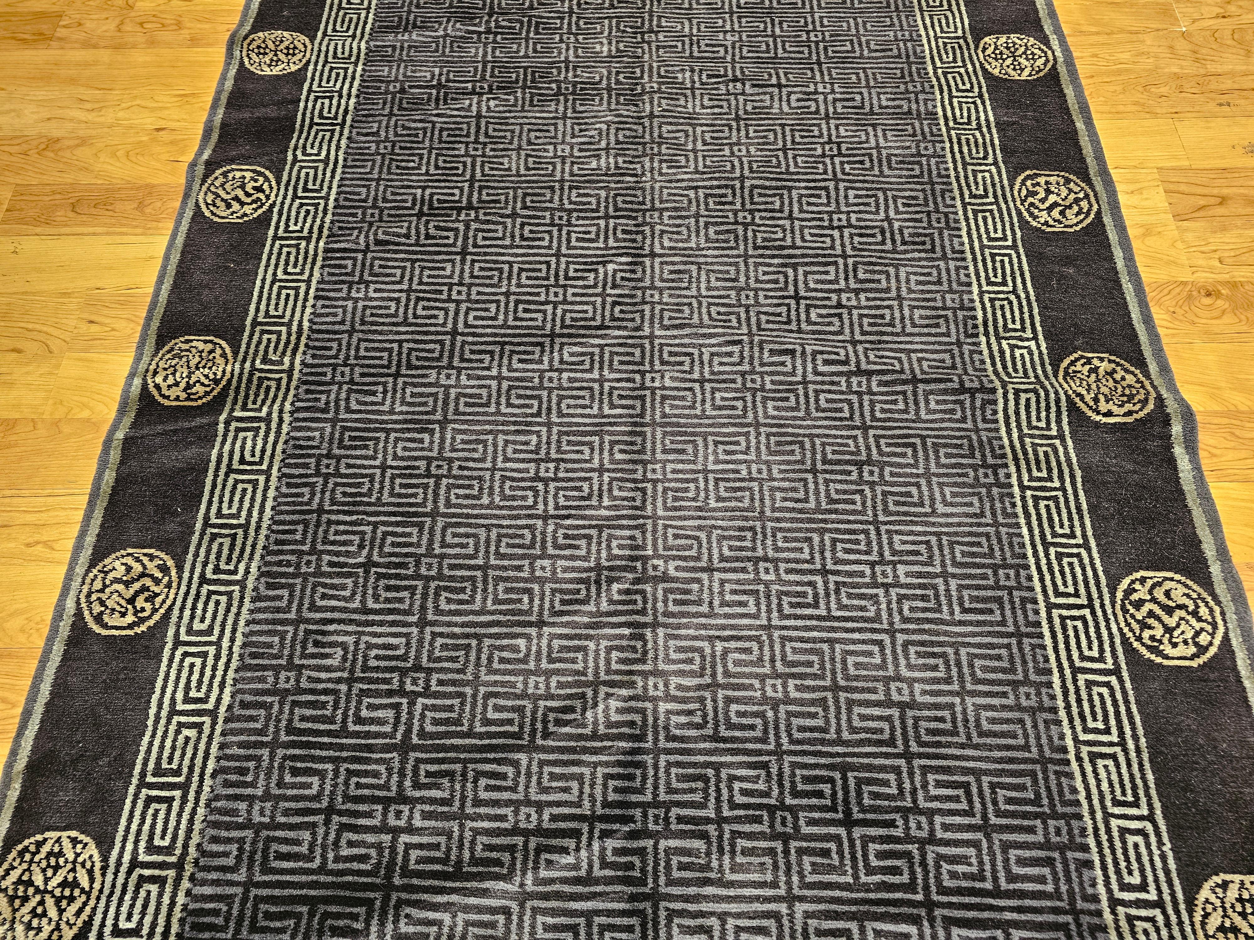 Wool Vintage Tibetan Area Rug in Black, Gold & Gray Lattice with Deity Symbols For Sale