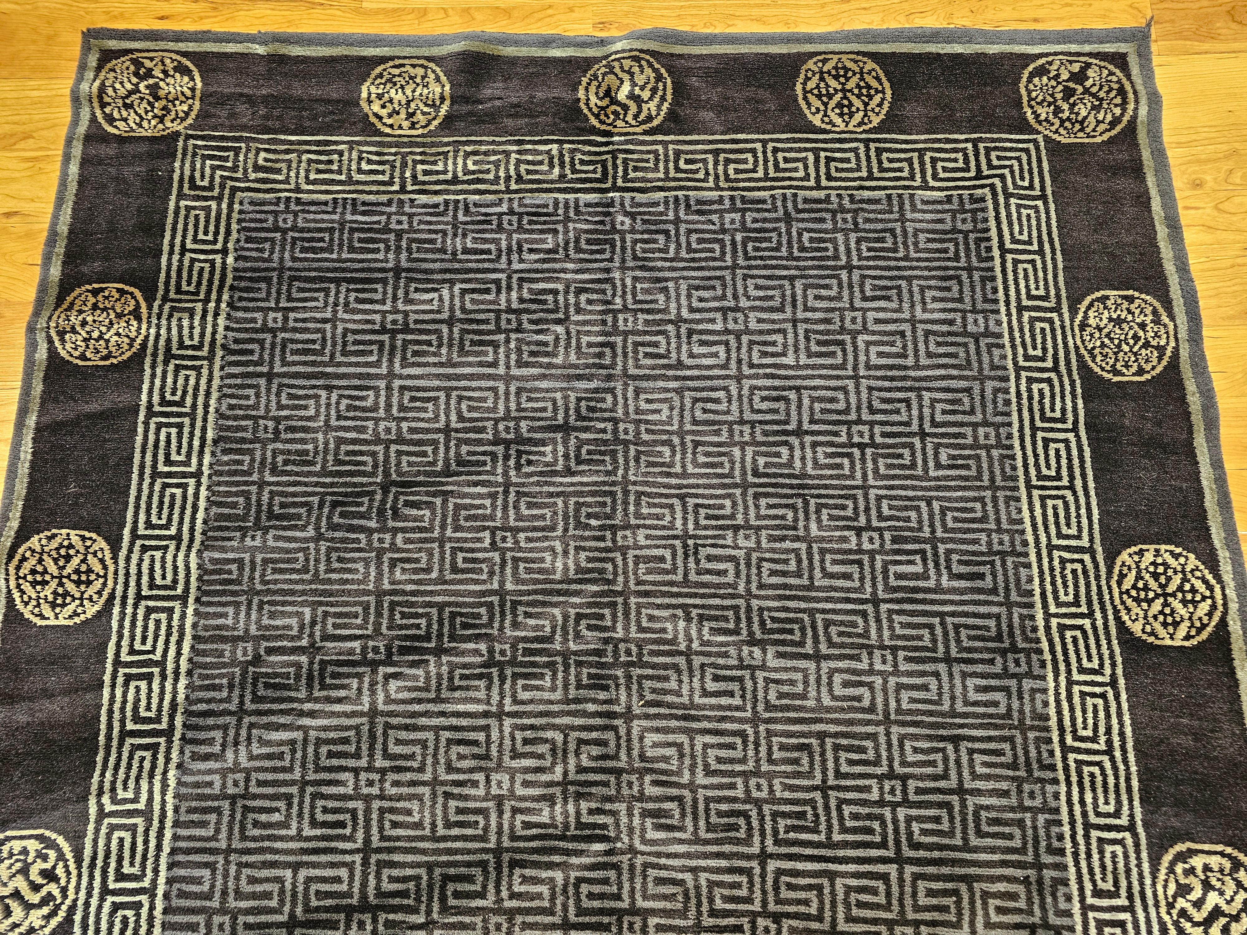 Vintage Tibetan Area Rug in Black, Gold & Gray Lattice with Deity Symbols For Sale 1