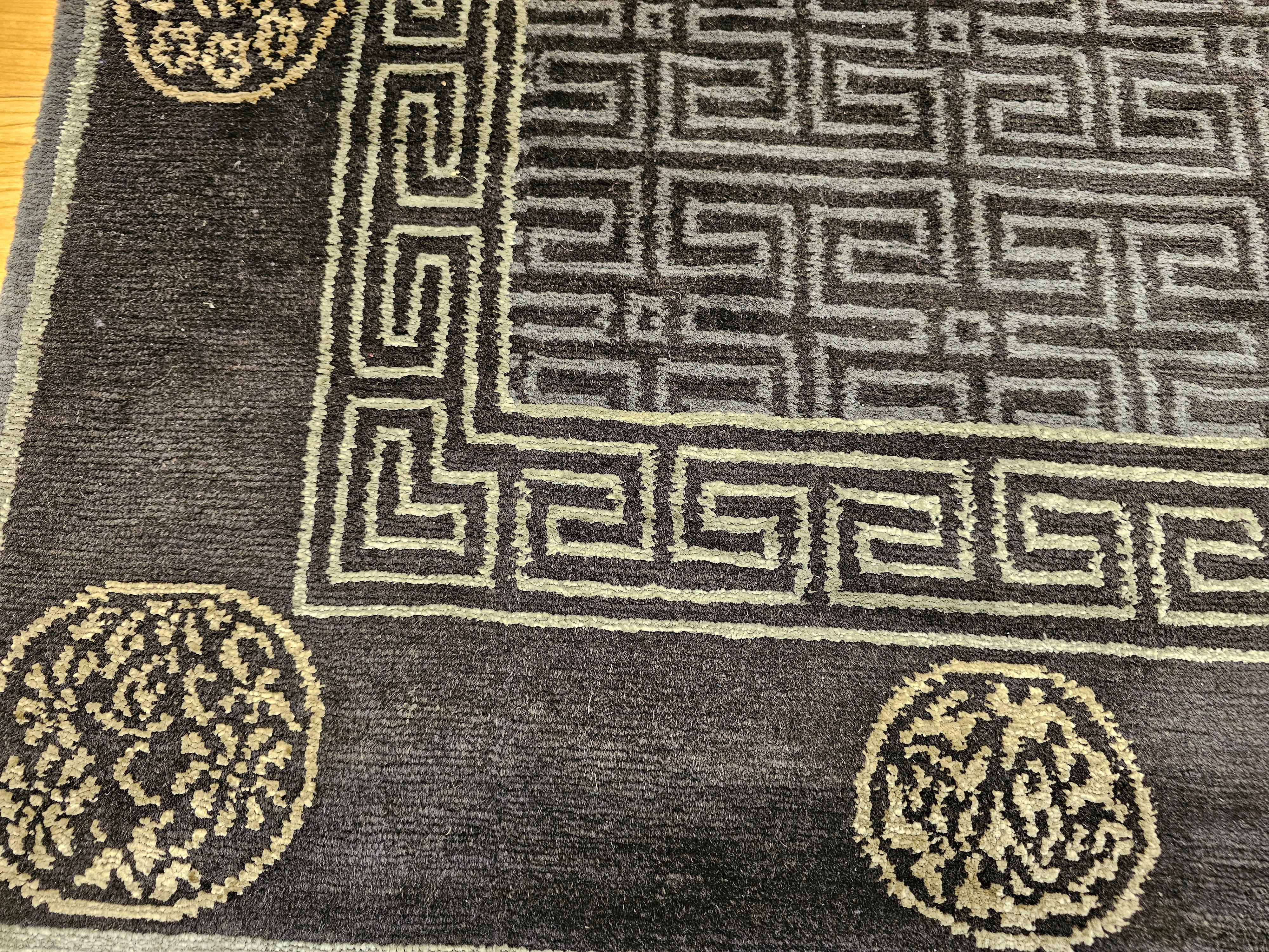 Vintage Tibetan Area Rug in Black, Gold & Gray Lattice with Deity Symbols For Sale 2