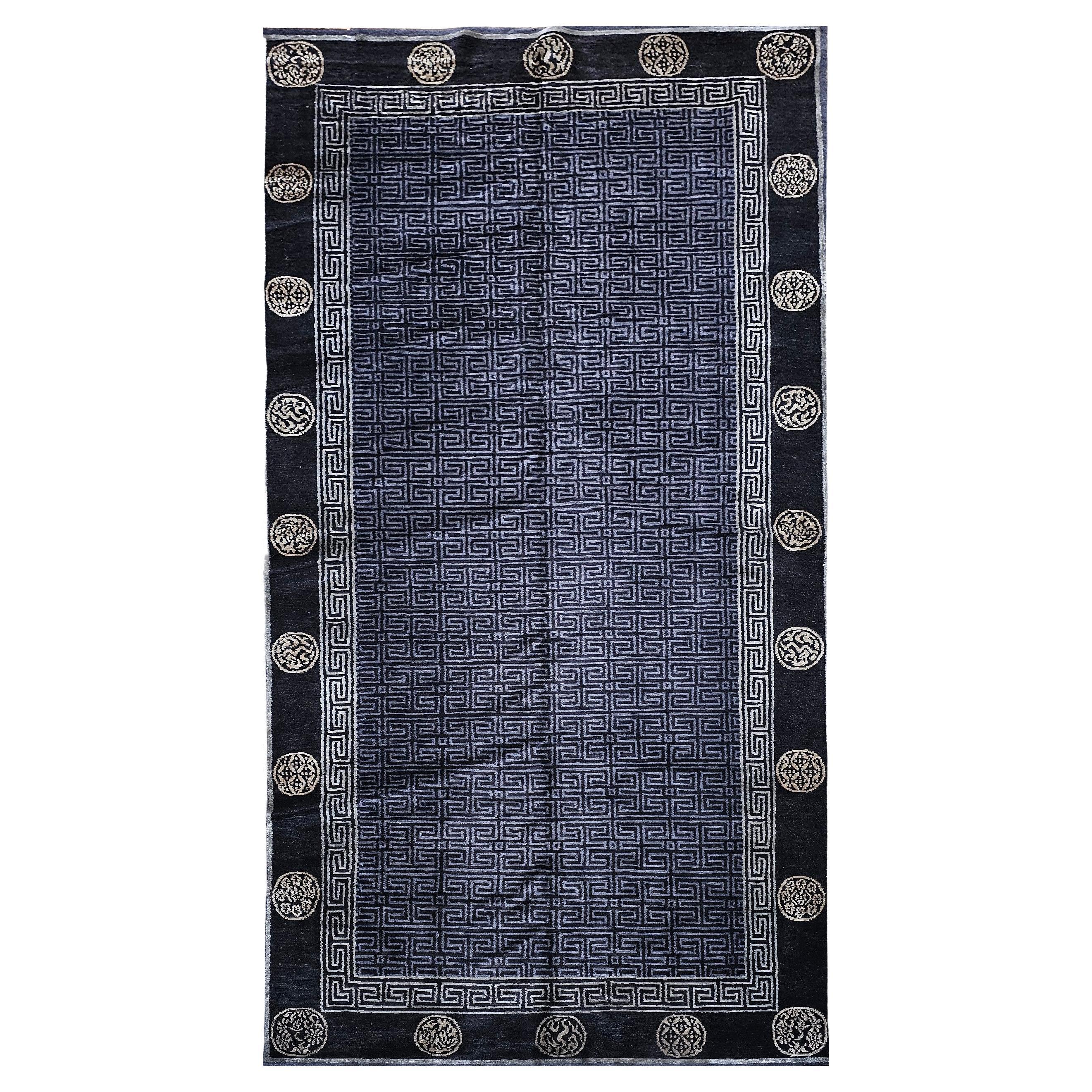 Vintage Tibetan Area Rug in Black, Gold & Gray Lattice with Deity Symbols For Sale