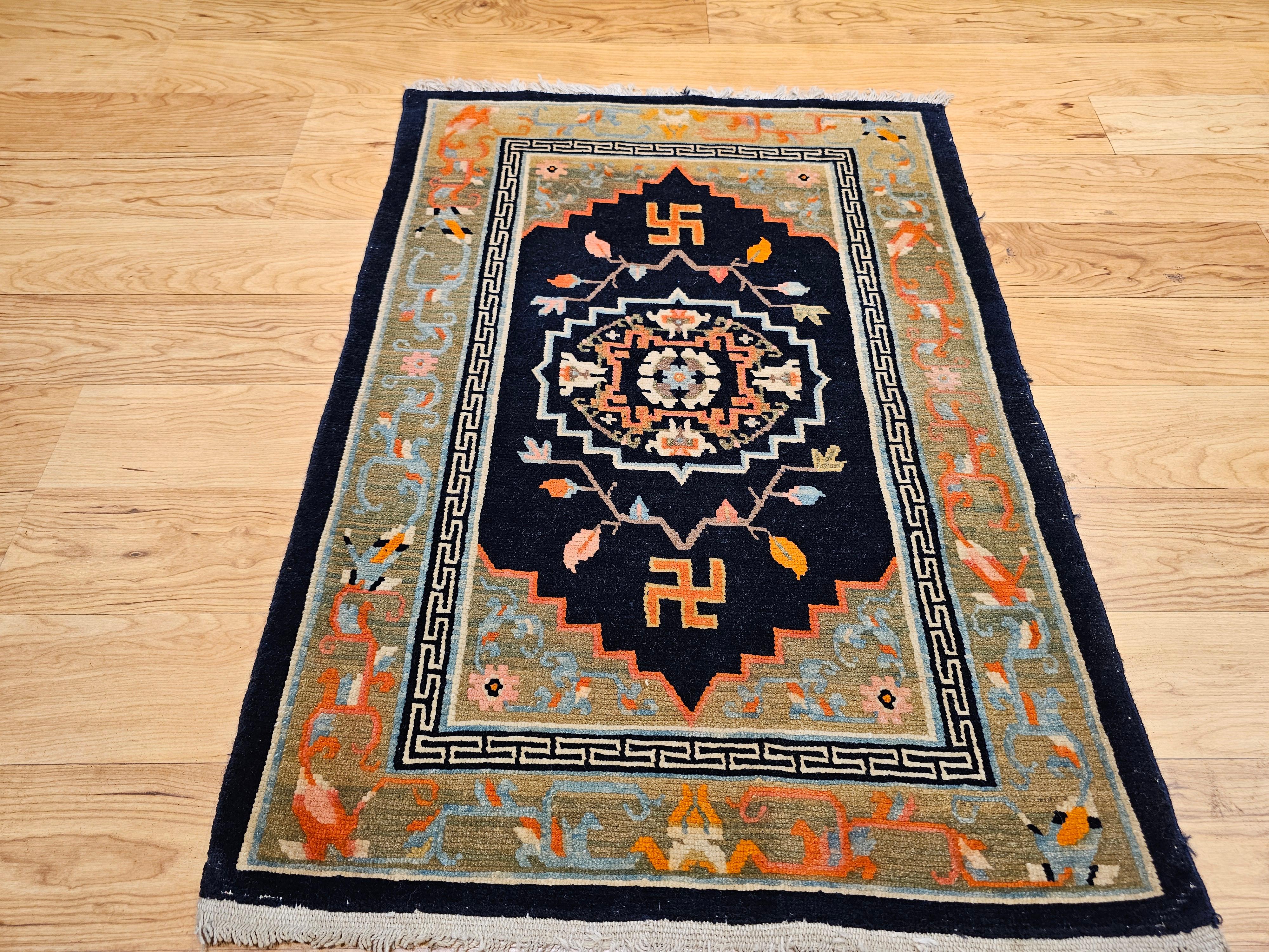 Vintage Tibetan Medallion Rug in Black and Pale Green with Buddhism Symbols For Sale 4