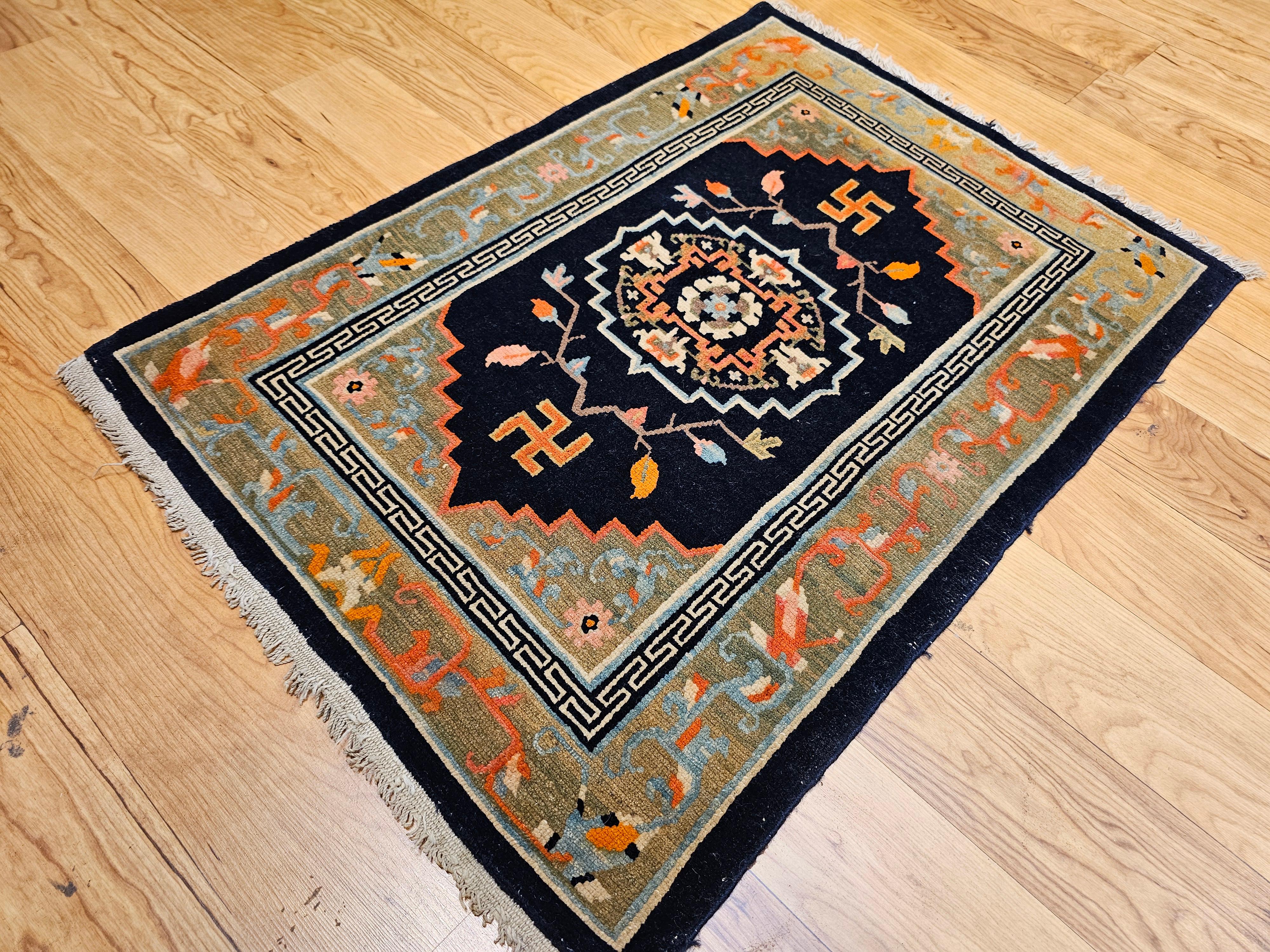 Vintage Tibetan Medallion Rug in Black and Pale Green with Buddhism Symbols For Sale 5