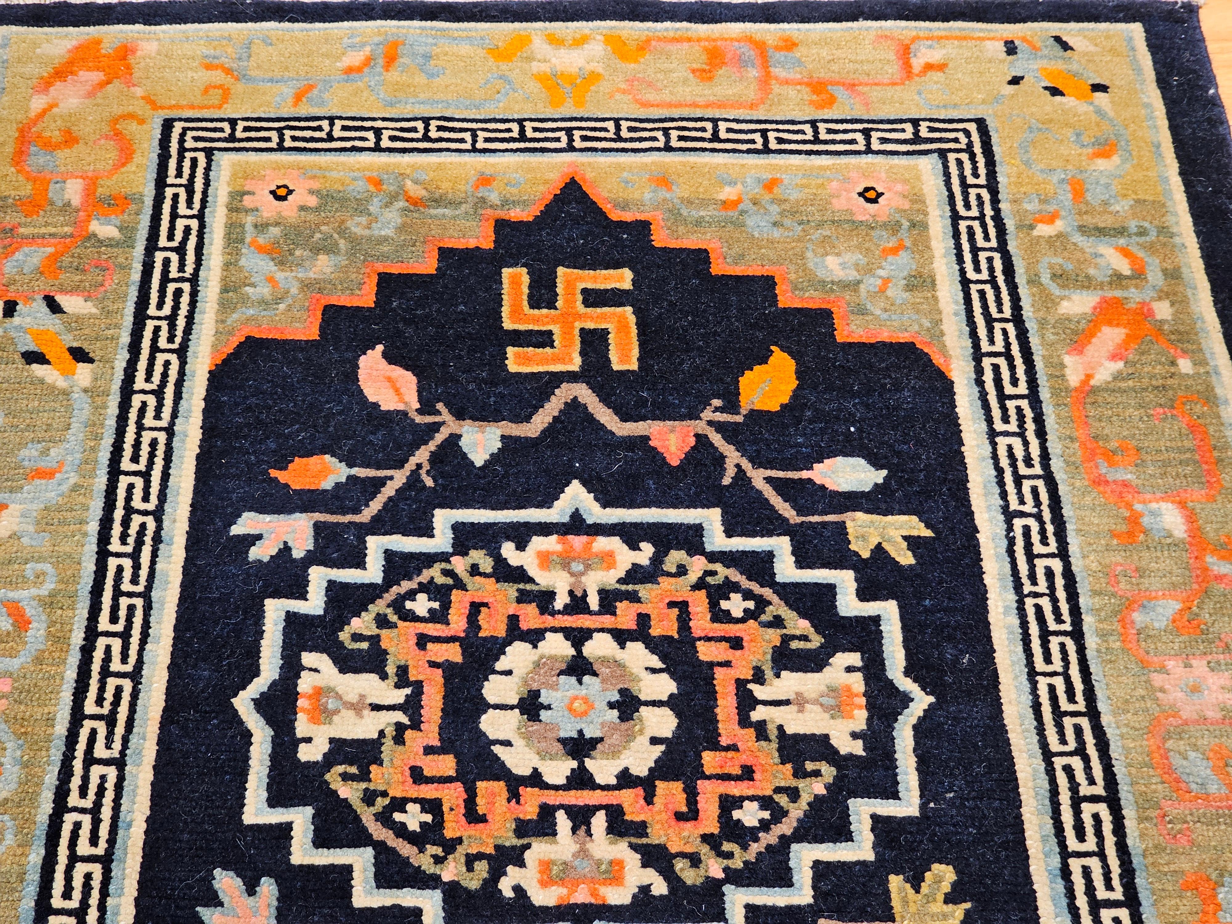 Hand-Woven Vintage Tibetan Medallion Rug in Black and Pale Green with Buddhism Symbols For Sale