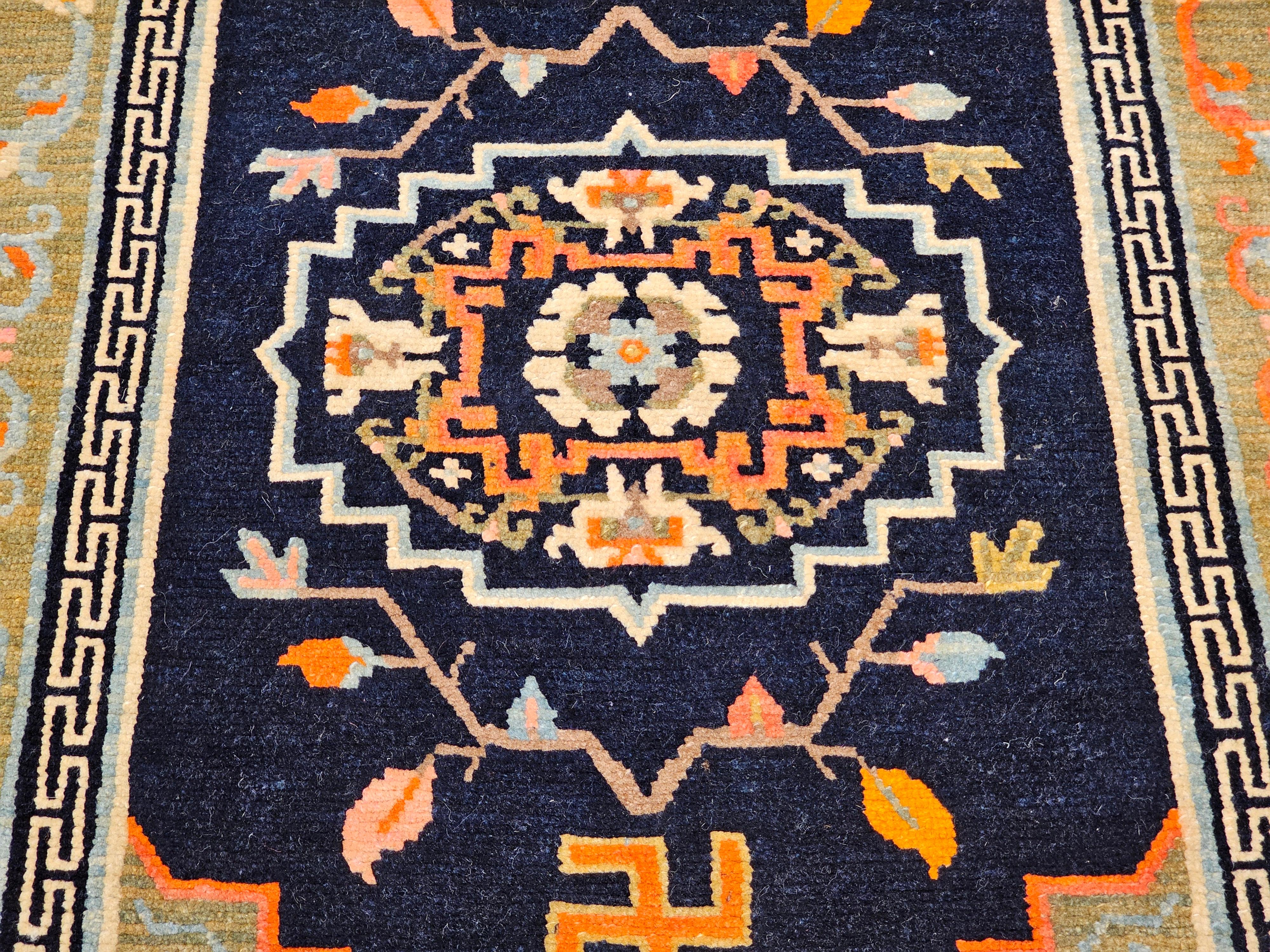 Vintage Tibetan Medallion Rug in Black and Pale Green with Buddhism Symbols In Good Condition For Sale In Barrington, IL