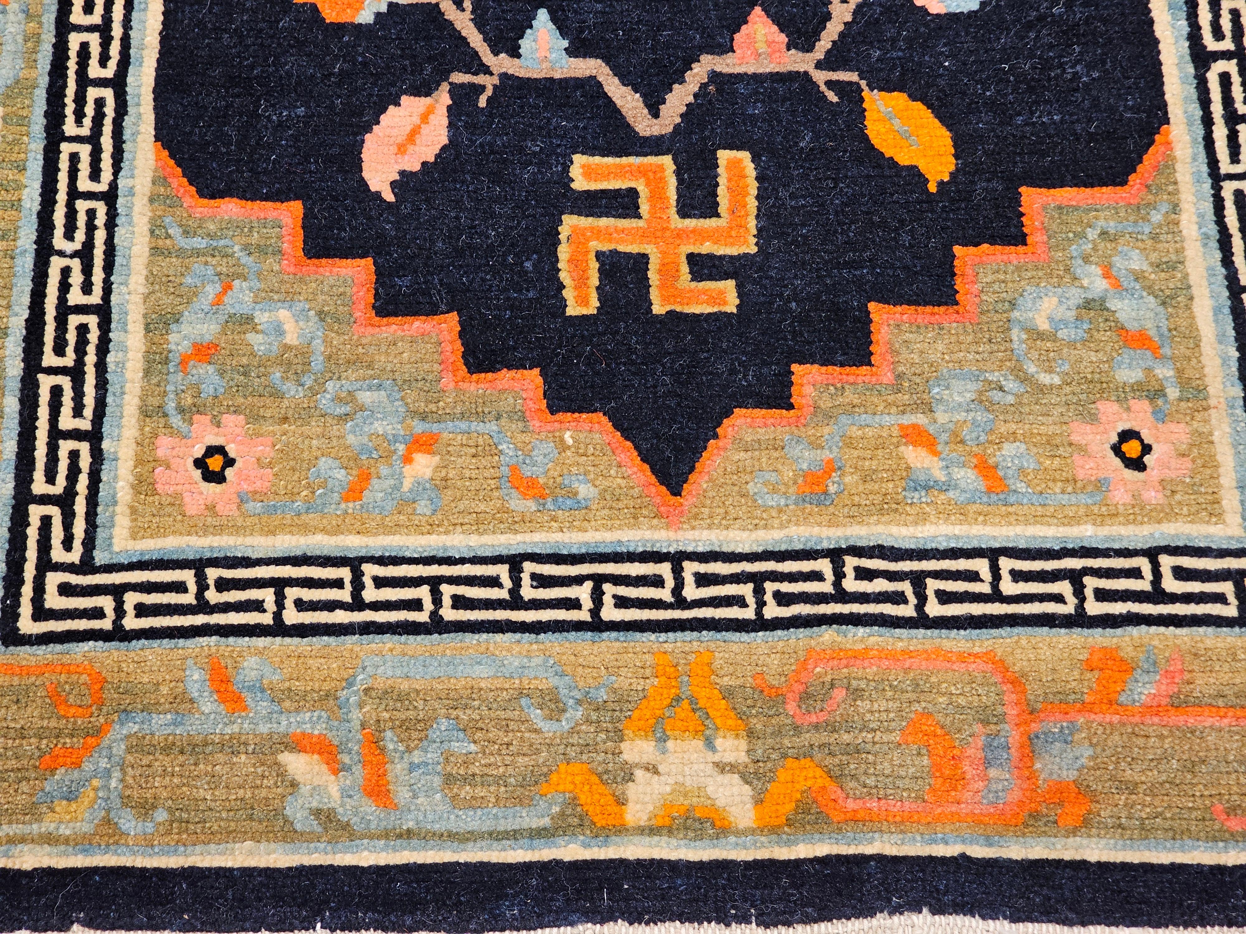 Wool Vintage Tibetan Medallion Rug in Black and Pale Green with Buddhism Symbols For Sale