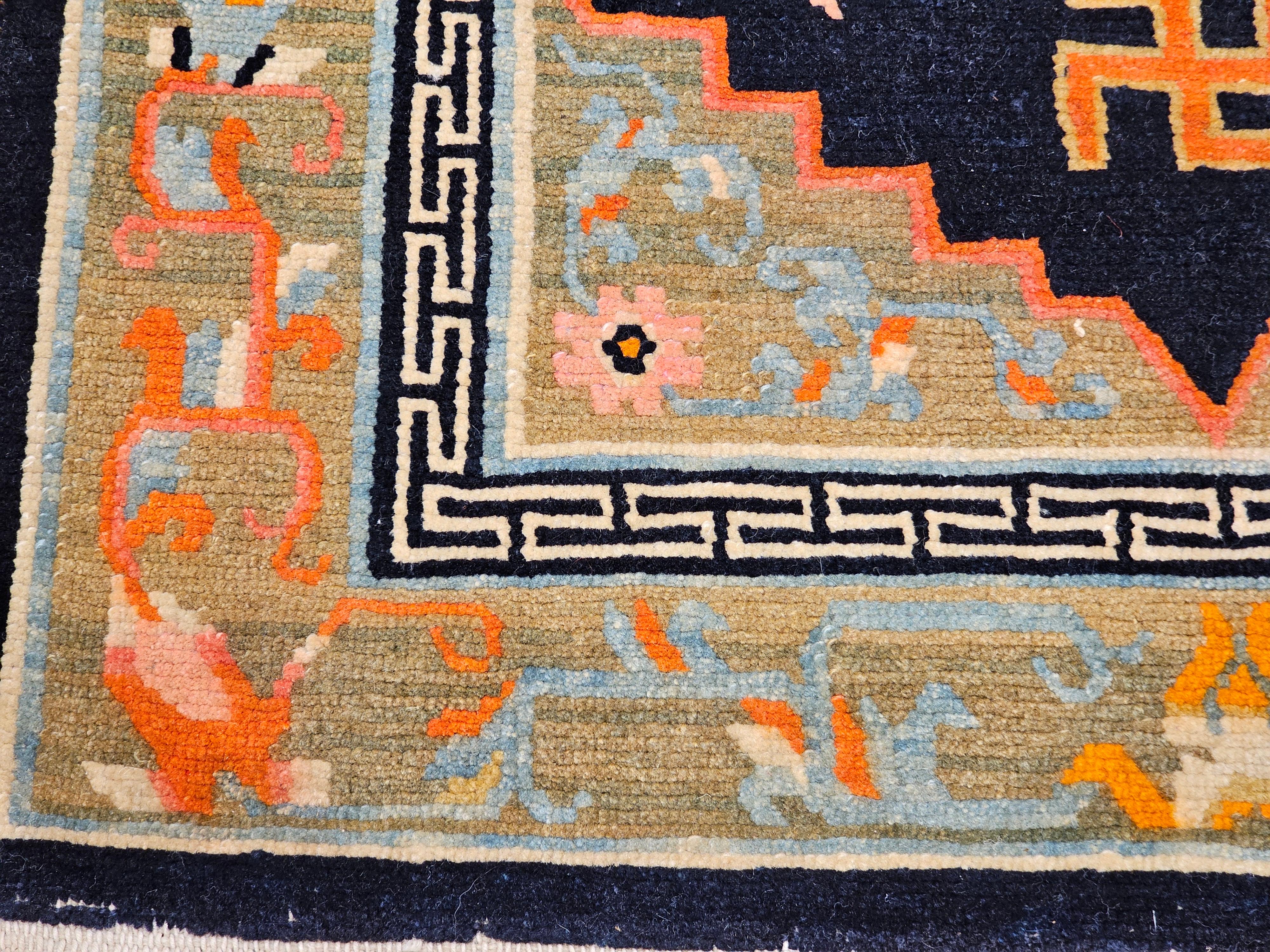 Vintage Tibetan Medallion Rug in Black and Pale Green with Buddhism Symbols For Sale 1