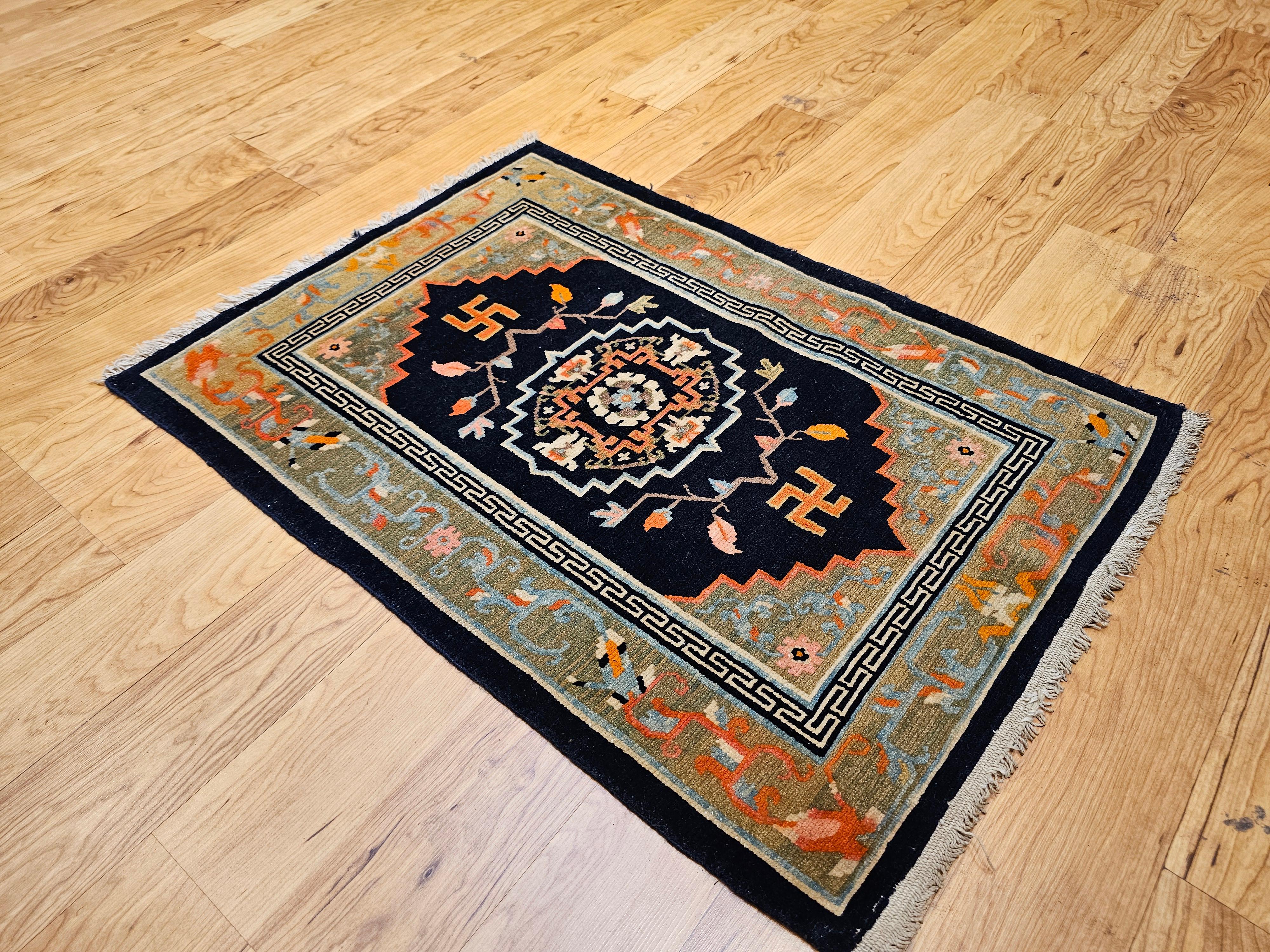 Vintage Tibetan Medallion Rug in Black and Pale Green with Buddhism Symbols For Sale 2