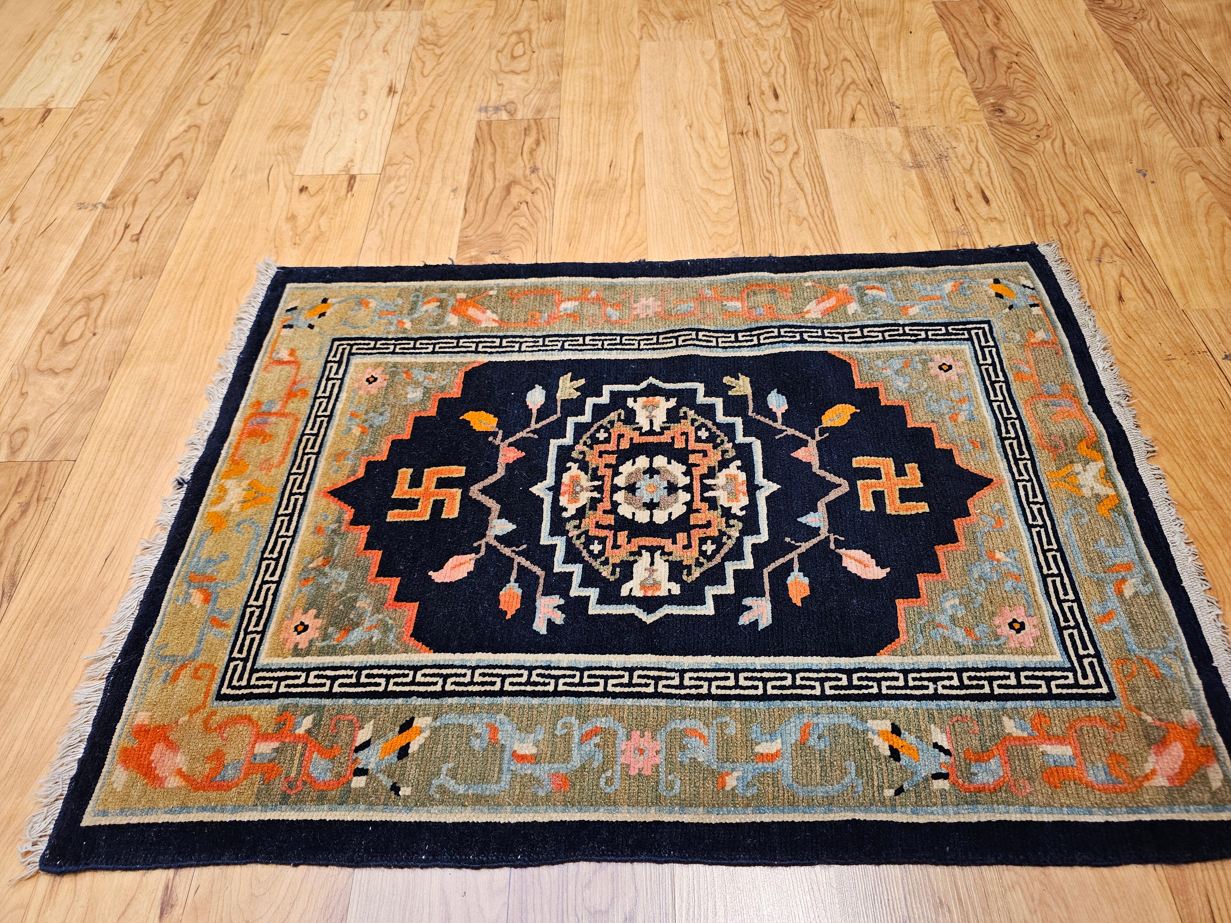 Vintage Tibetan Medallion Rug in Black and Pale Green with Buddhism Symbols For Sale 3