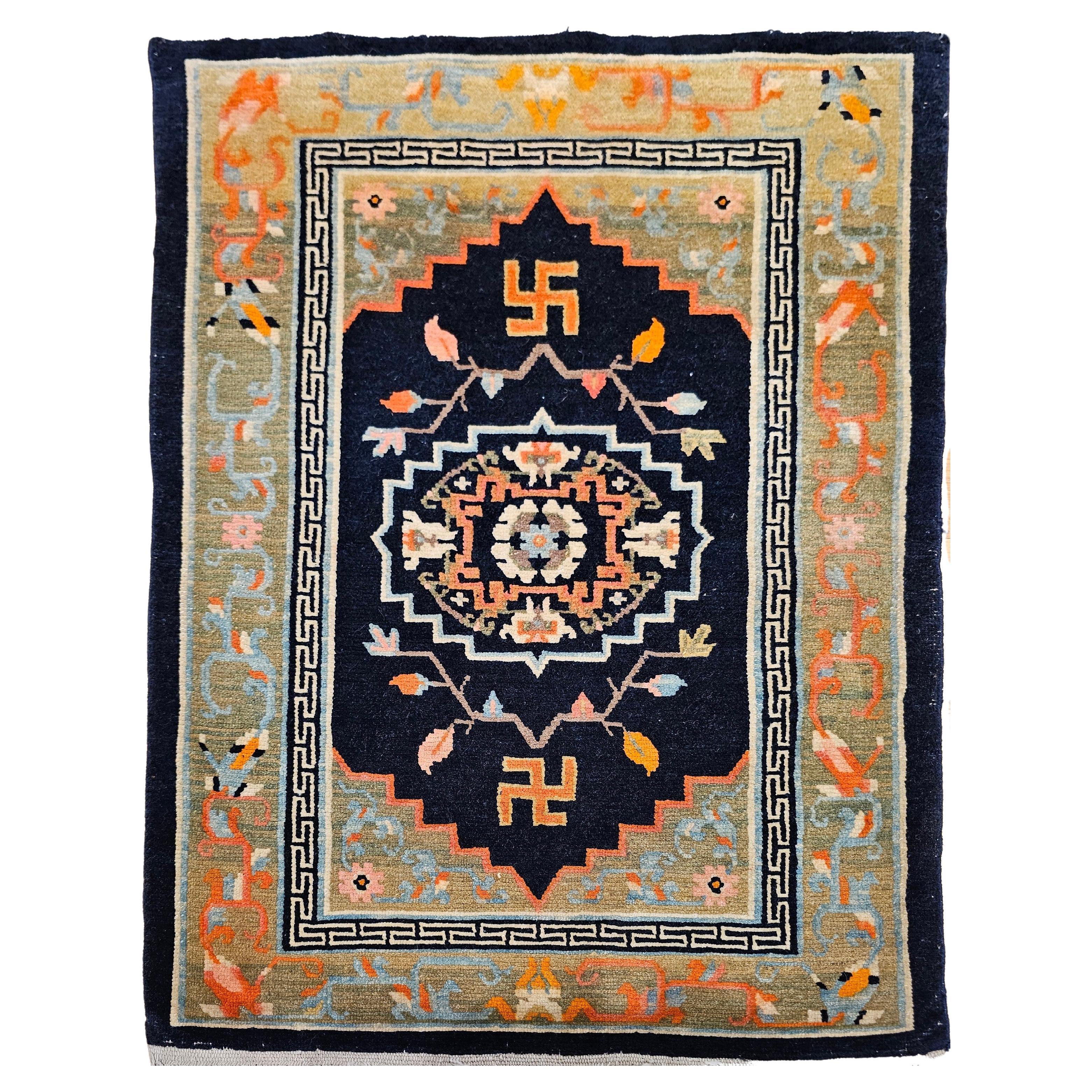 Vintage Tibetan Medallion Rug in Black and Pale Green with Buddhism Symbols
