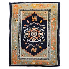 Antique Tibetan Medallion Rug in Black and Pale Green with Buddhism Symbols