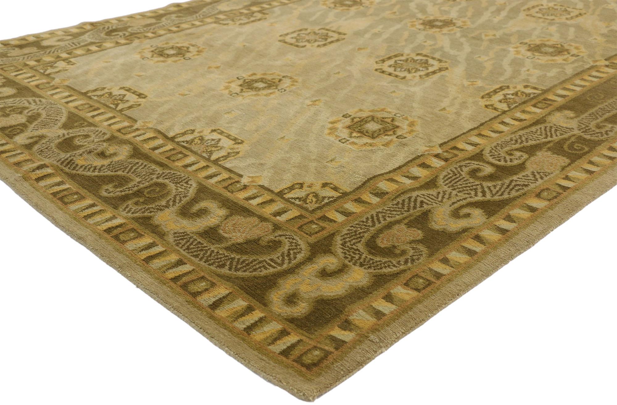77249 Vintage Tibetan Area Rug with Chinese Art Deco Style 05'08 x 09'05. This hand-knotted wool vintage Tibetan area rug features rows of alternating gul amulets spread across a field reminisce of subterranean rock veins. It is enclosed with cloud