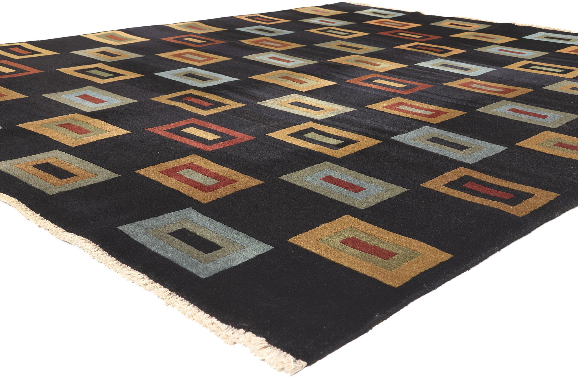 74889 Vintage Tibetan Rug, 07'09 x 09'05. 
Cubism meets sublime simplicity in this vintage Tibetan rug. The cubist design and earthy colors woven into this piece work together creating a modern, elevated atmosphere. An allover pattern composed of